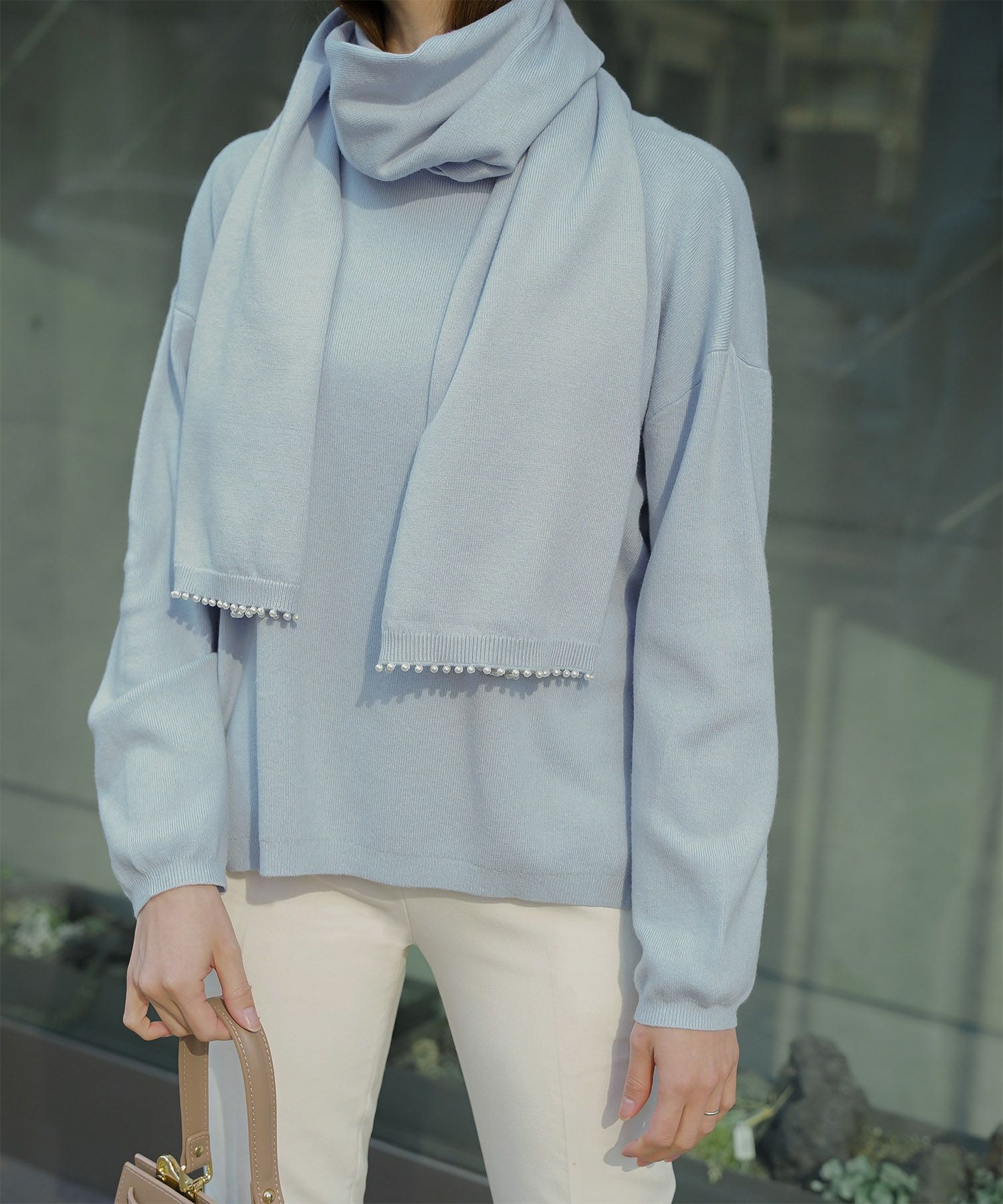 ストール付きニットプルオーバー 2点セット レディース アンゴラタッチ 秋 冬 アイボリー ピンク サックス ブラック M