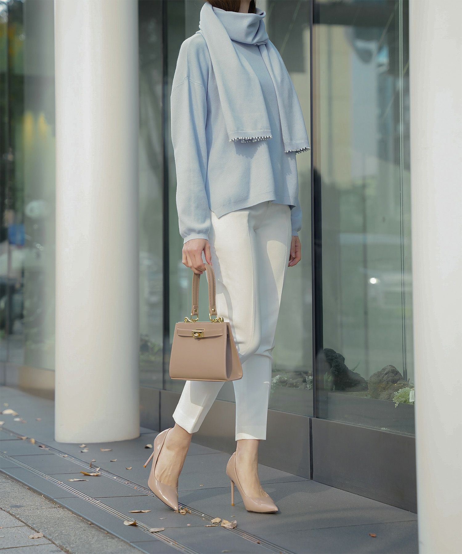 ストール付きニットプルオーバー 2点セット レディース アンゴラタッチ 秋 冬 アイボリー ピンク サックス ブラック M