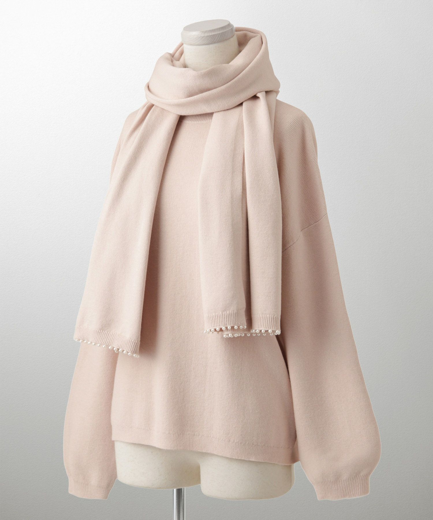 ストール付きニットプルオーバー 2点セット レディース アンゴラタッチ 秋 冬 アイボリー ピンク サックス ブラック M