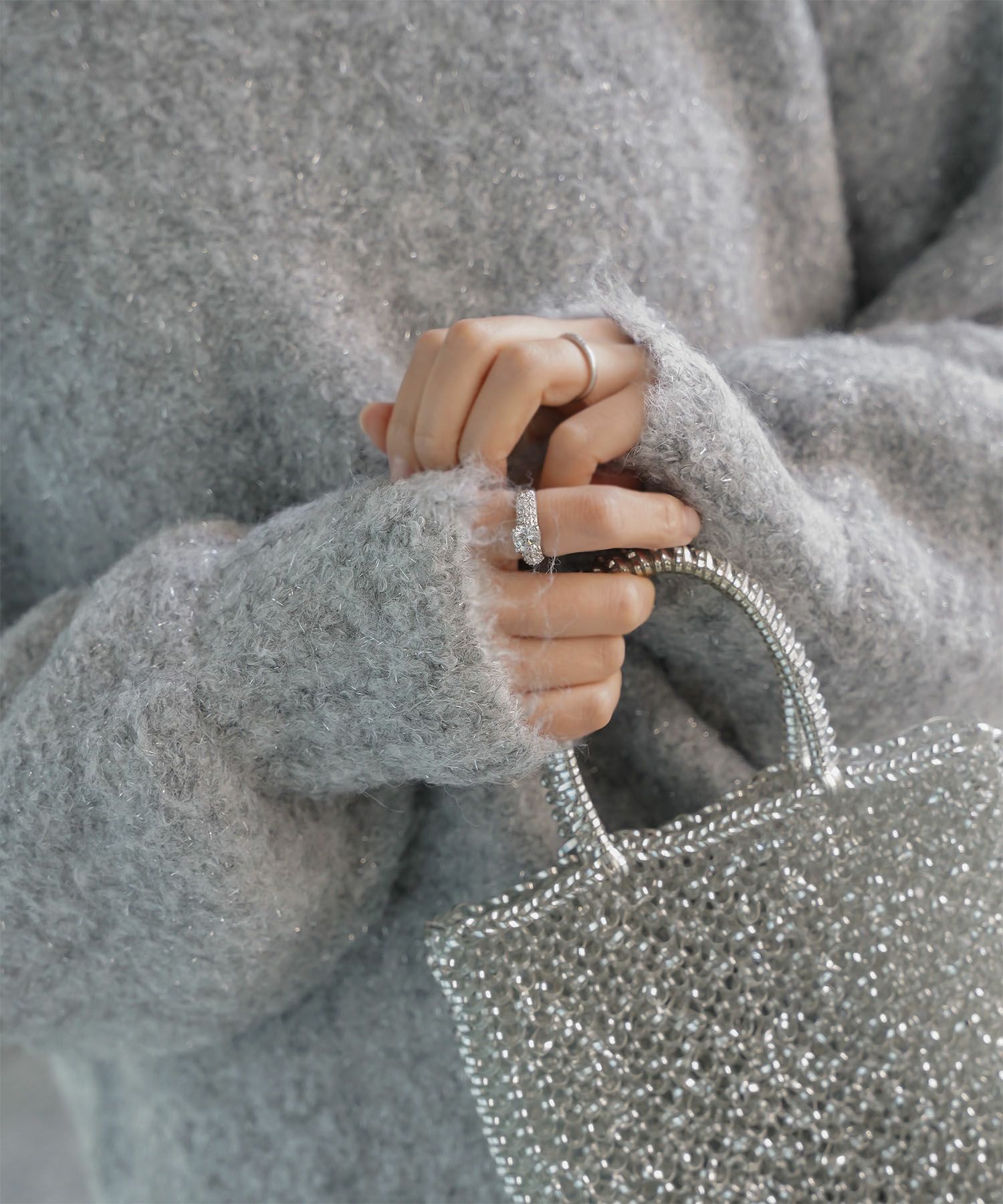 ラメフワニットトップス トップス レディース 長袖 秋 冬 ウォッシャブル ブークレ ライトグレー アプリコット モカ M