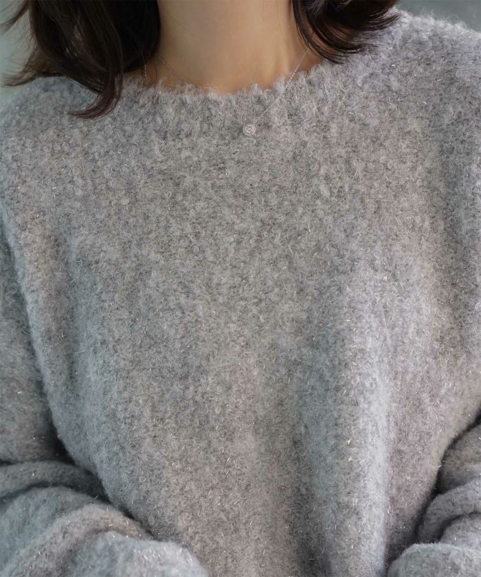 ラメフワニットトップス トップス レディース 長袖 秋 冬 ウォッシャブル ブークレ ライトグレー アプリコット モカ M