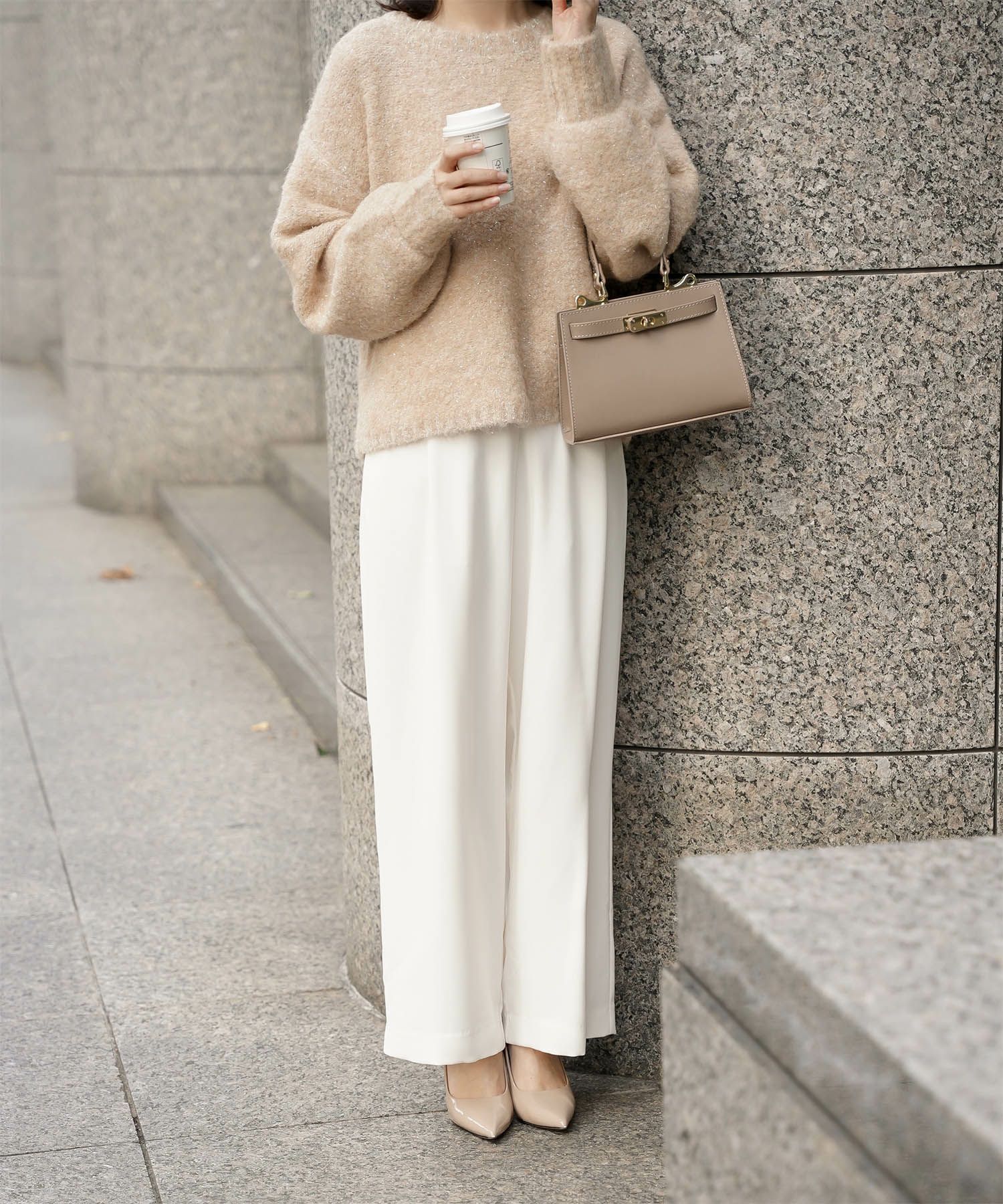 ラメフワニットトップス トップス レディース 長袖 秋 冬 ウォッシャブル ブークレ ライトグレー アプリコット モカ M