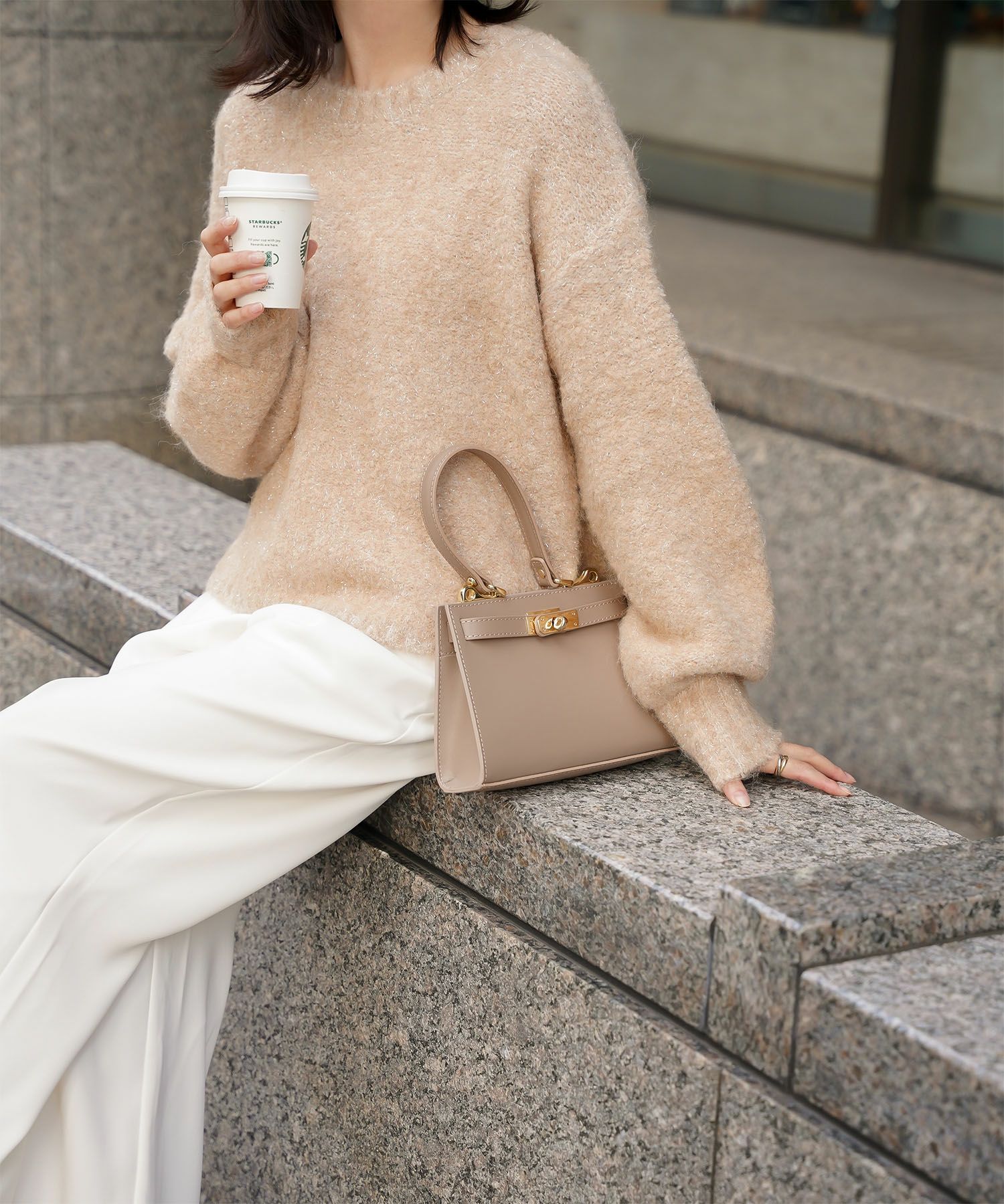 ラメフワニットトップス トップス レディース 長袖 秋 冬 ウォッシャブル ブークレ ライトグレー アプリコット モカ M