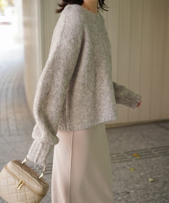 ラメフワニットトップス トップス レディース 長袖 秋 冬 ウォッシャブル ブークレ ライトグレー アプリコット モカ M