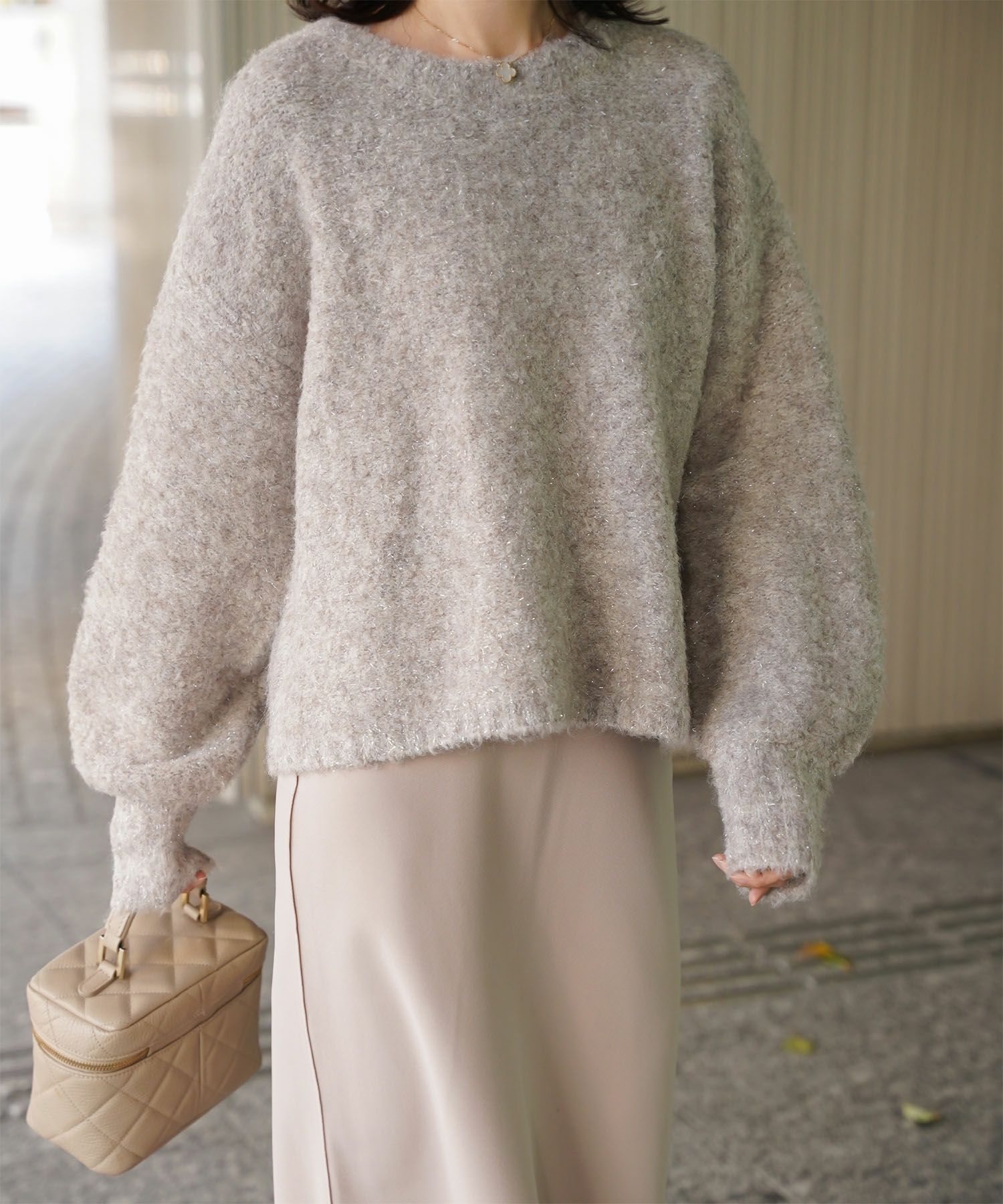 ラメフワニットトップス トップス レディース 長袖 秋 冬 ウォッシャブル ブークレ ライトグレー アプリコット モカ M