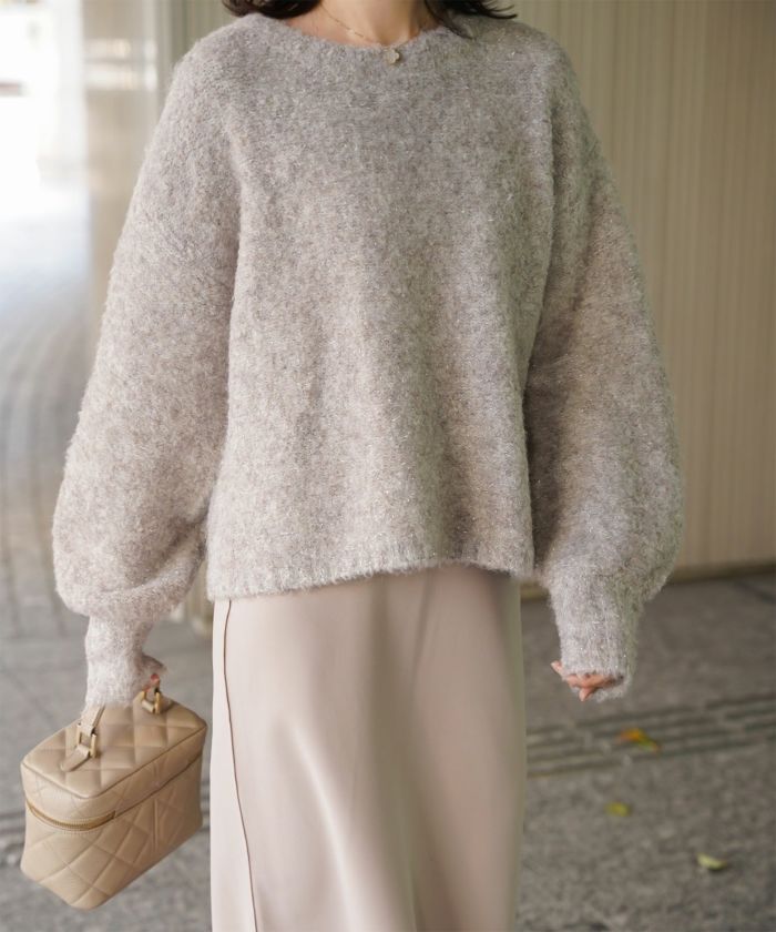 ラメフワニットトップス トップス レディース 長袖 秋 冬 ウォッシャブル ブークレ ライトグレー アプリコット モカ M