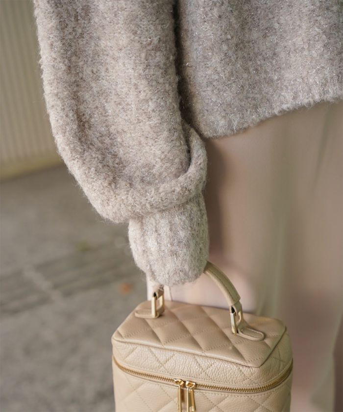 ラメフワニットトップス トップス レディース 長袖 秋 冬 ウォッシャブル ブークレ ライトグレー アプリコット モカ M