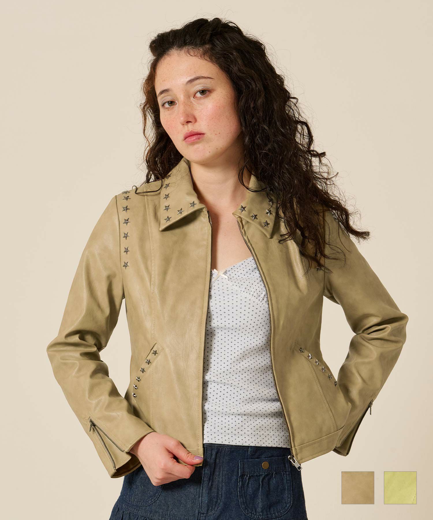 星スタッズ付き フェイクレザー ジャケット TINA：JOJUN 全2色｜tnj211