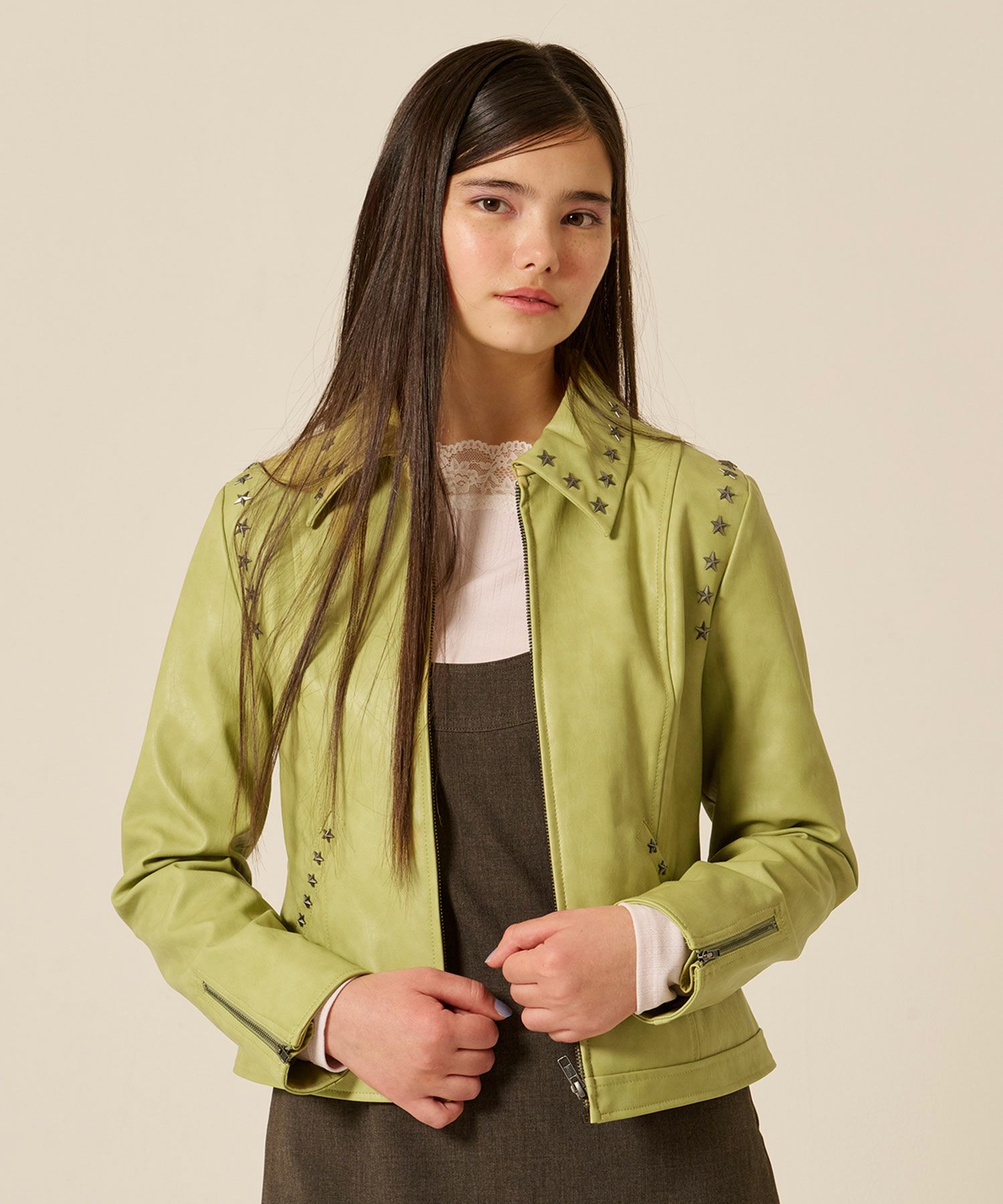 星スタッズ付き フェイクレザー ジャケット TINA：JOJUN 全2色｜tnj211