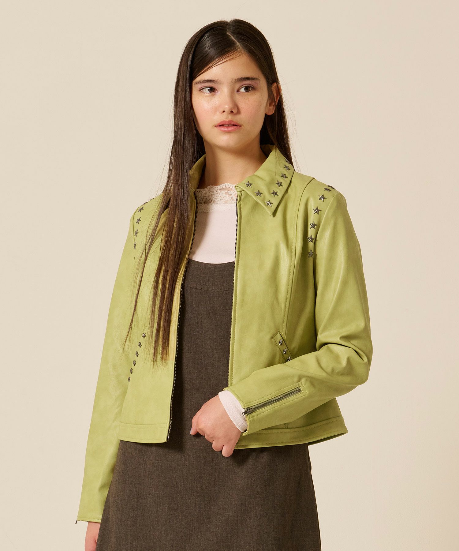 星スタッズ付き フェイクレザー ジャケット TINA：JOJUN 全2色｜tnj211