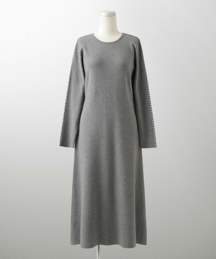 パールトリム Aライン ニット ワンピース レディース 秋 冬 春 ウェーブ オフィス 大人 アイボリー グレー ブラック M