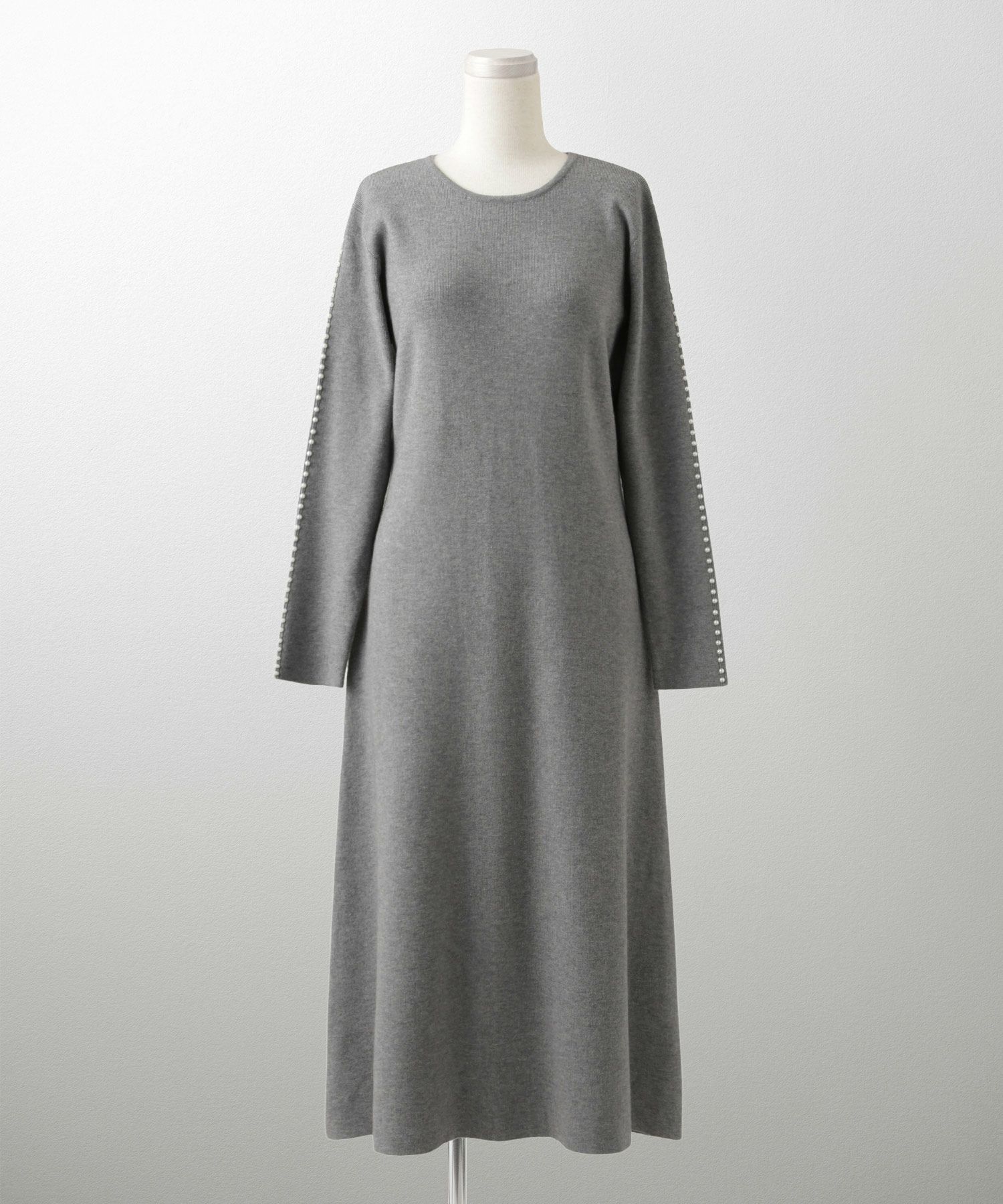 パールトリム Aライン ニット ワンピース レディース 秋 冬 春 ウェーブ オフィス 大人 アイボリー グレー ブラック M