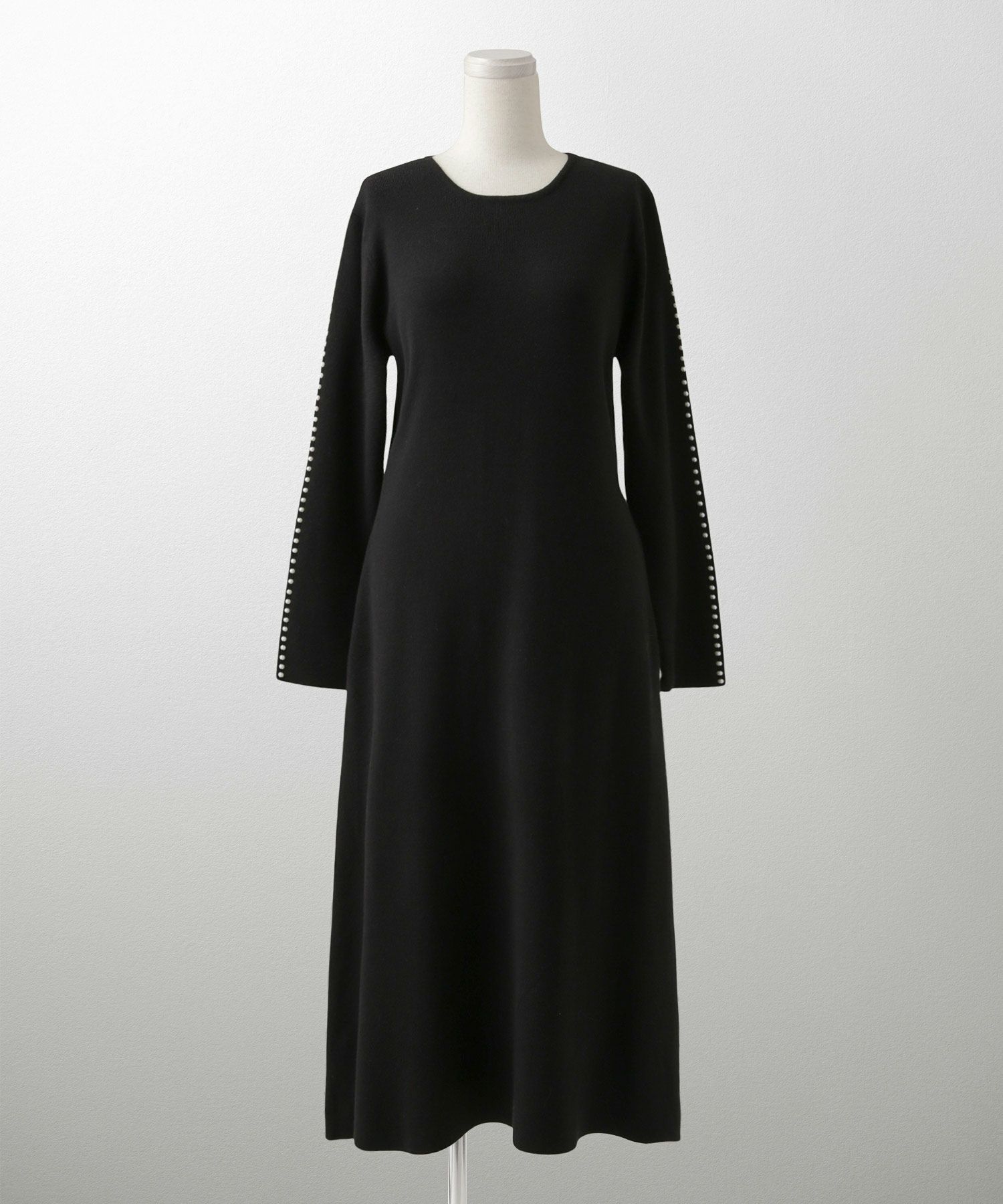 パールトリム Aライン ニット ワンピース レディース 秋 冬 春 ウェーブ オフィス 大人 アイボリー グレー ブラック M