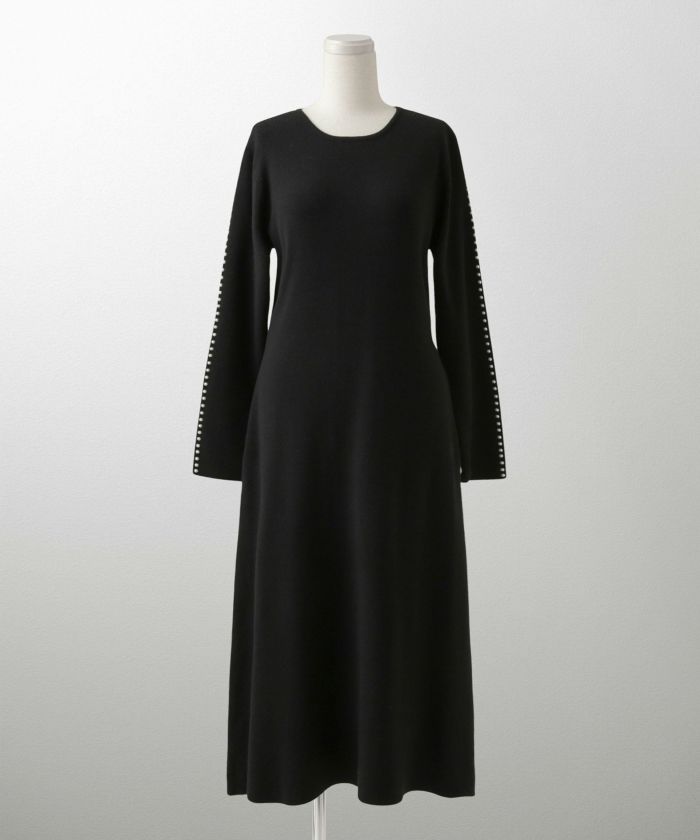 パールトリム Aライン ニット ワンピース レディース 秋 冬 春 ウェーブ オフィス 大人 アイボリー グレー ブラック M