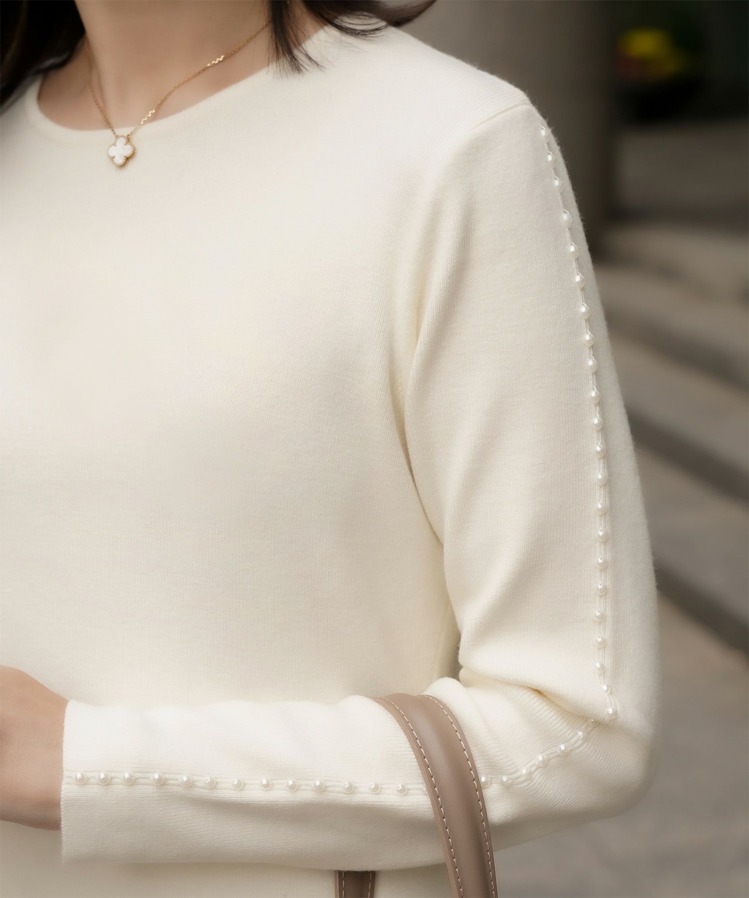 パールトリム Aライン ニット ワンピース レディース 秋 冬 春 ウェーブ オフィス 大人 アイボリー グレー ブラック M