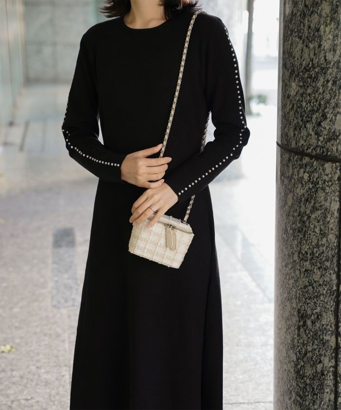 パールトリム Aライン ニット ワンピース レディース 秋 冬 春 ウェーブ オフィス 大人 アイボリー グレー ブラック M