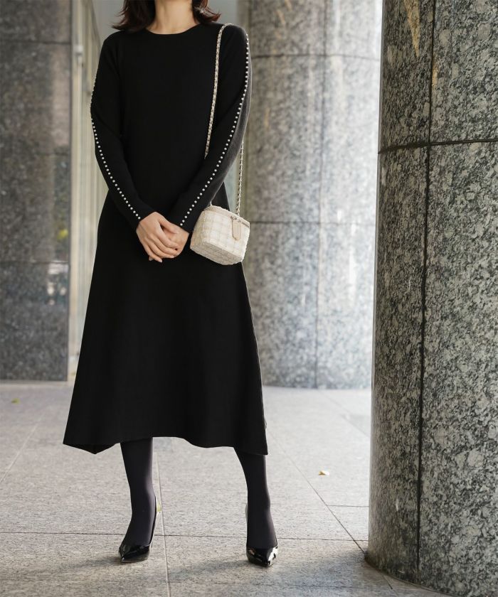 パールトリム Aライン ニット ワンピース レディース 秋 冬 春 ウェーブ オフィス 大人 アイボリー グレー ブラック M