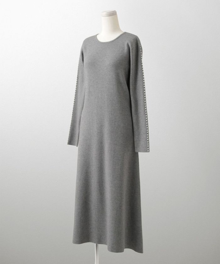 パールトリム Aライン ニット ワンピース レディース 秋 冬 春 ウェーブ オフィス 大人 アイボリー グレー ブラック M