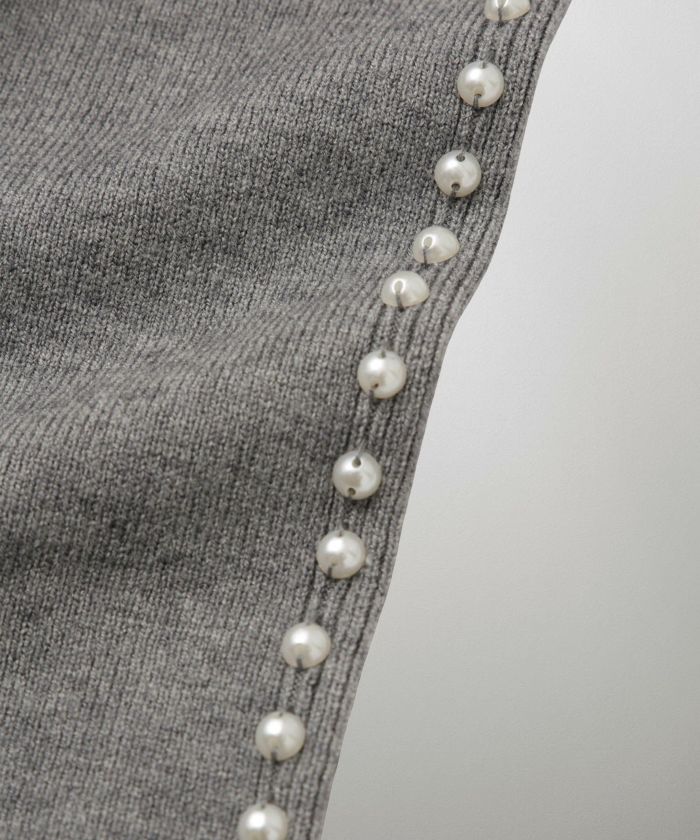 パールトリム Aライン ニット ワンピース レディース 秋 冬 春 ウェーブ オフィス 大人 アイボリー グレー ブラック M