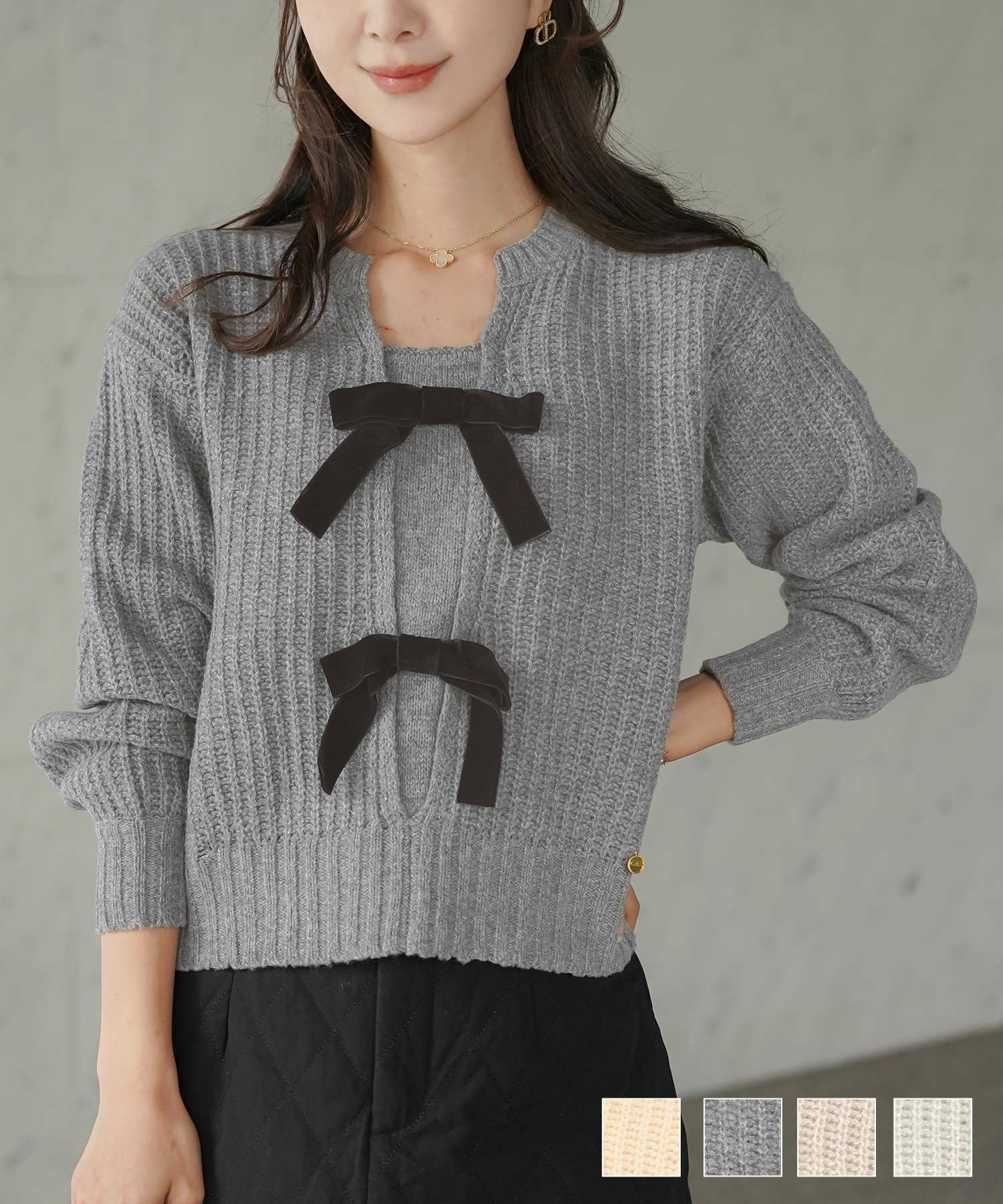 ベロア リボン ローゲージ ニット le reve vaniller 全4色｜lvn441-2159【1】