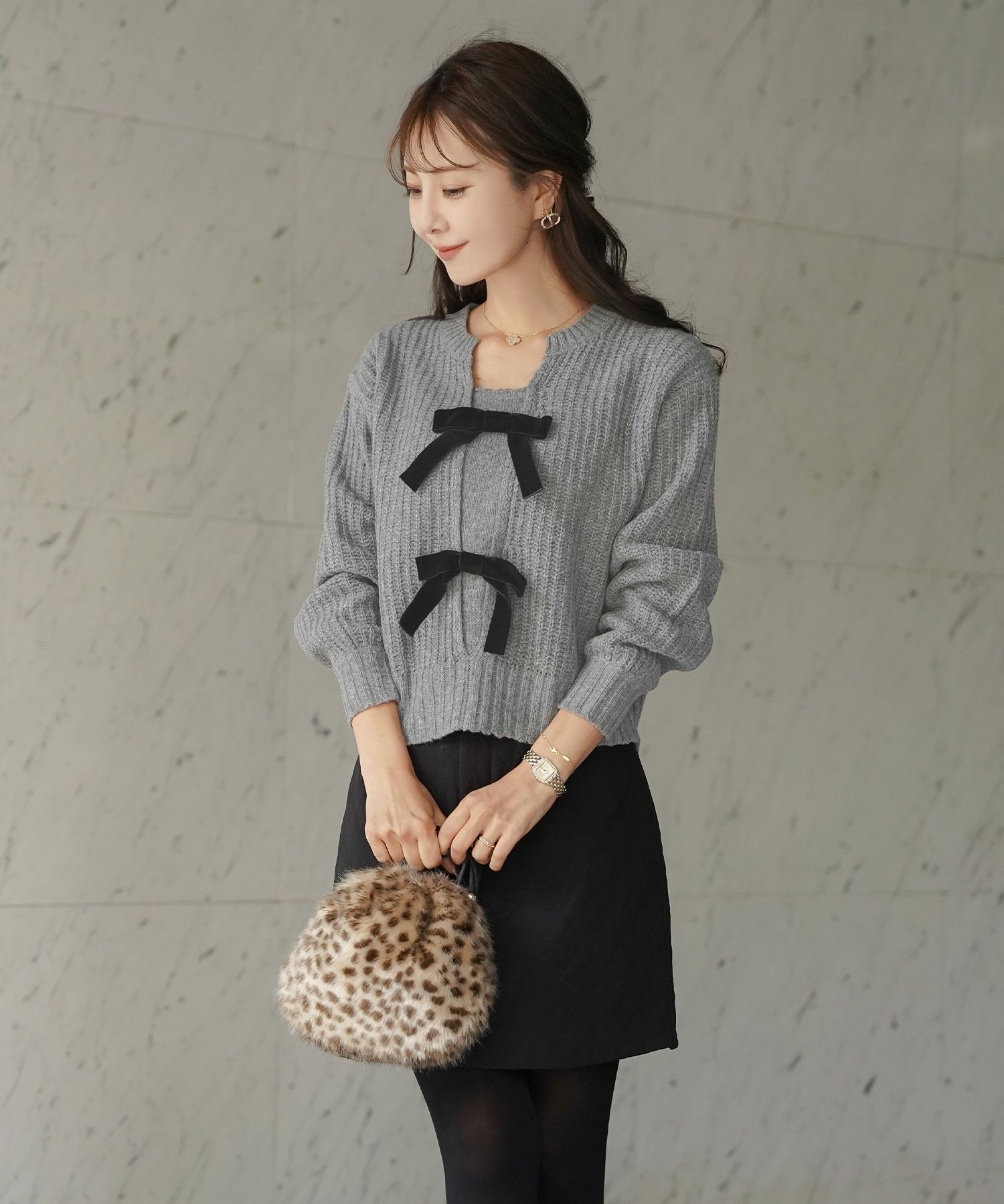 トップス ニット 長袖 ローゲージ ざっくり 編み 畔編み ミント ピンクベージュ アイボリー チャコール 秋 冬 リボン ベロア オシャレ 上品 カワイイ エレガント ジョイントスペース