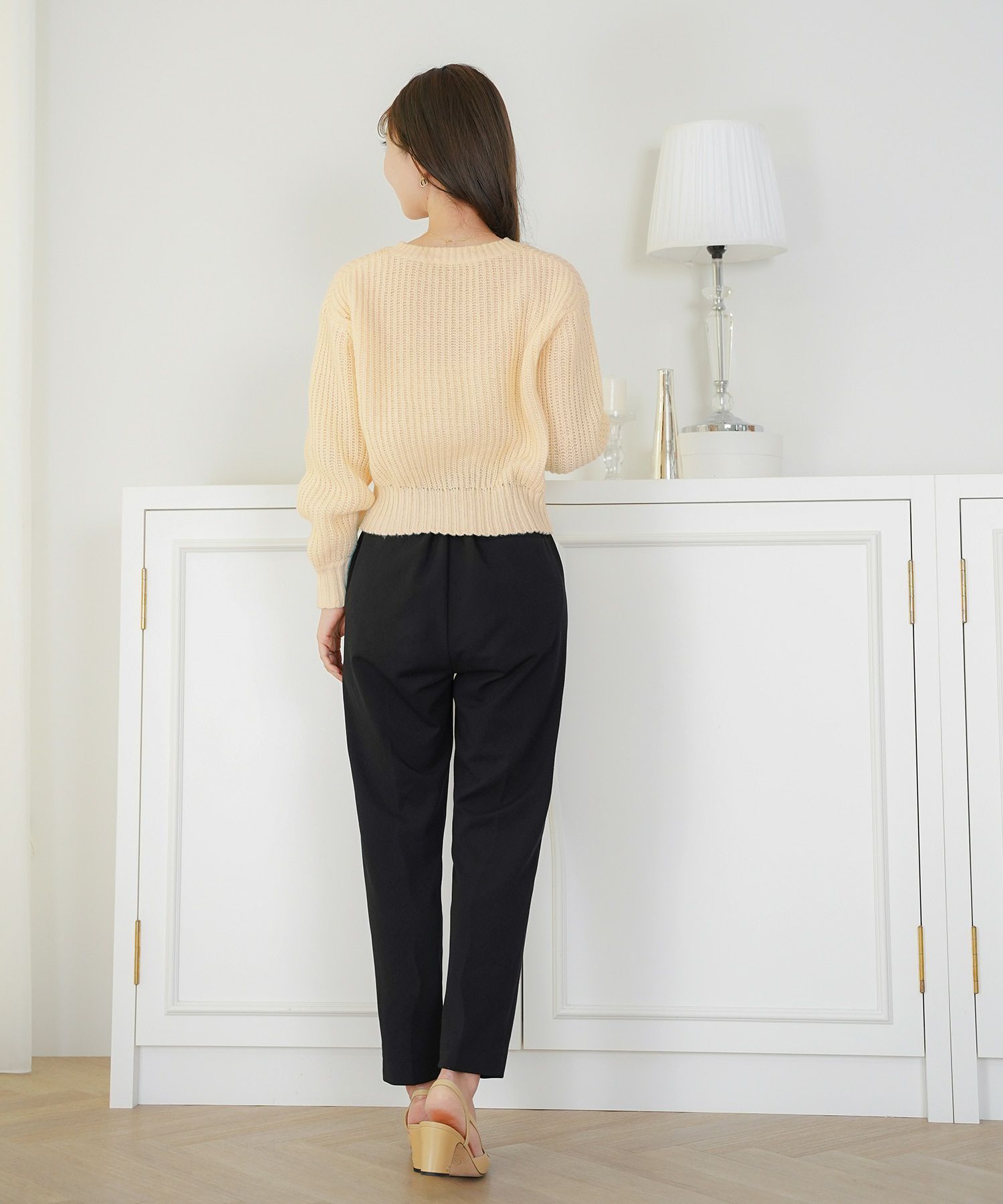 トップス ニット 長袖 ローゲージ ざっくり 編み 畔編み ミント ピンクベージュ アイボリー チャコール 秋 冬 リボン ベロア オシャレ 上品 カワイイ エレガント ジョイントスペース