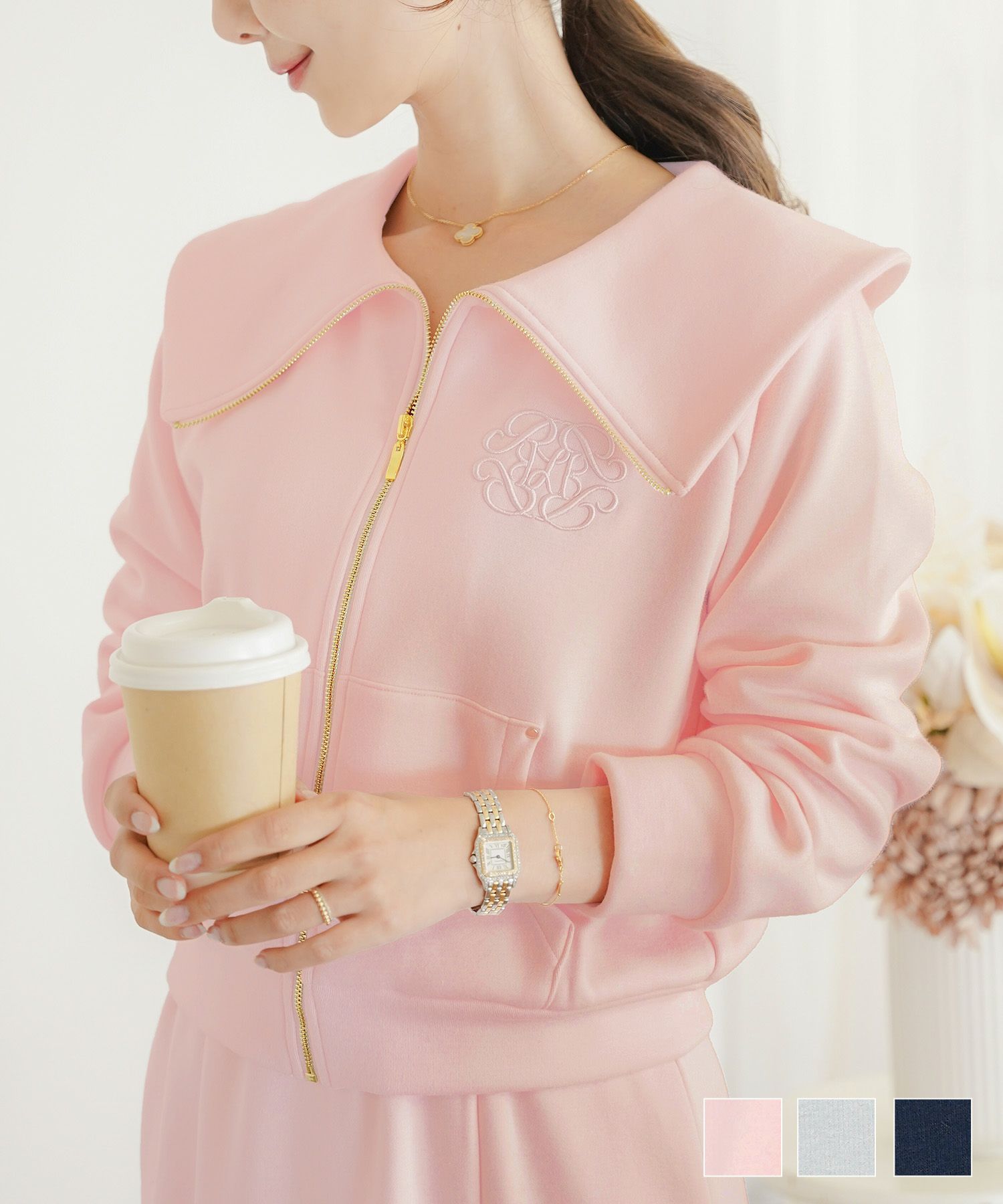 裏起毛 襟付き ジップアップ スウェット le reve vaniller 全3色｜lvn541-2170【1】