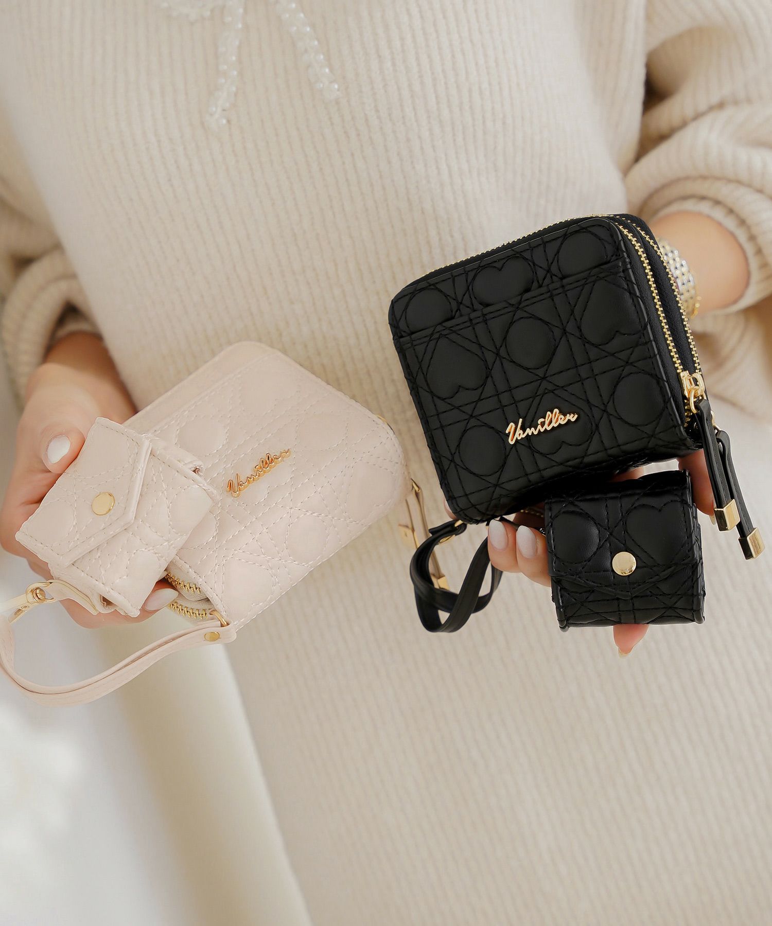 小物 グッズ ケース ポーチ 多機能 収納 仕分け イヤホンケース 合皮 ハート キルティング 上品 可愛い 財布 じゃばら コインケース キーリング キーケース リップ 印鑑 仕事 カード 診察券