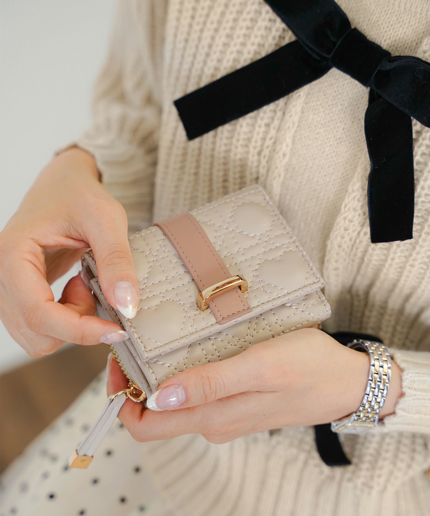 小物 グッズ 財布 ウォレット ピンク グレージュ サックス ブルーグレー ハート キルティング 可愛い 上品 フェミニン プレゼント お札入れ 小銭入れ カードポケット