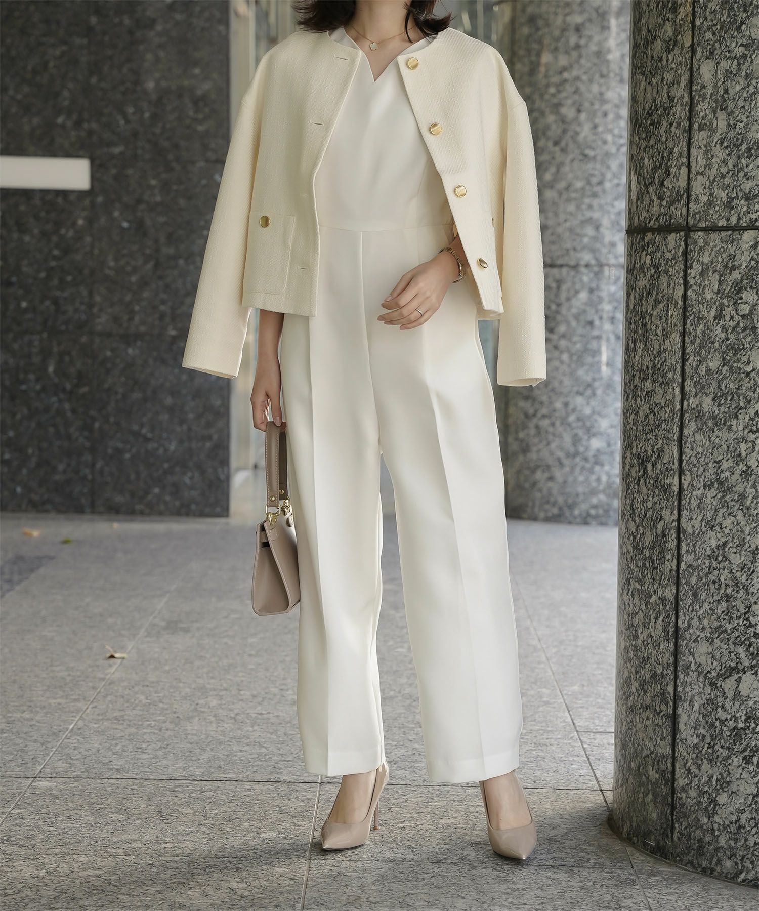 オケージョン対応 キーネックデザイン オールインワン 服 レディース おすすめ きれいめ おしゃれ ノースリーブ 手洗い ホワイト ブラック S M