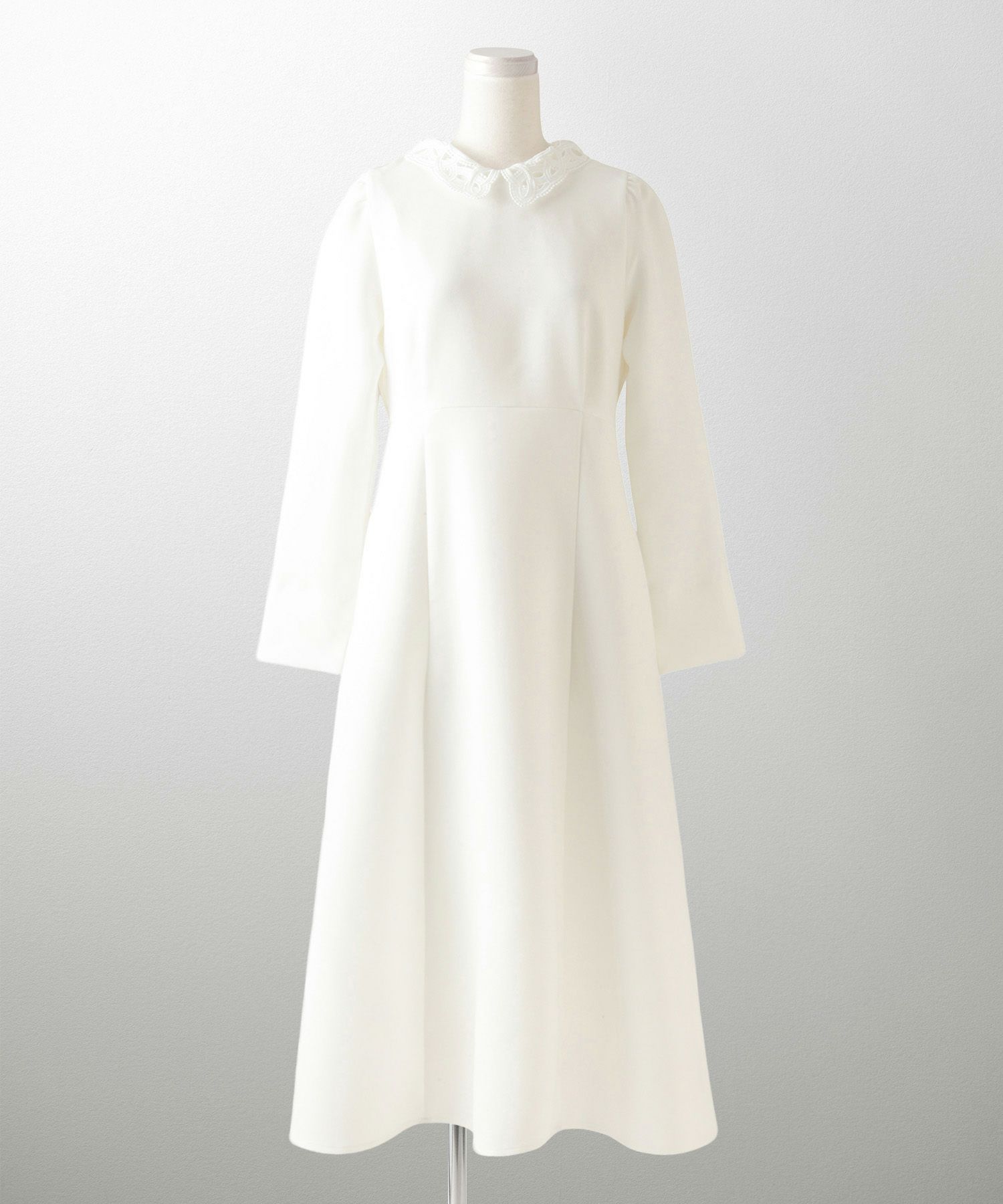 オケージョン対応 レース襟付き ワンピース 礼服 襟付き エレガント かわいい きれいめ 黒 長袖 S M ホワイト ネイビー ブラック