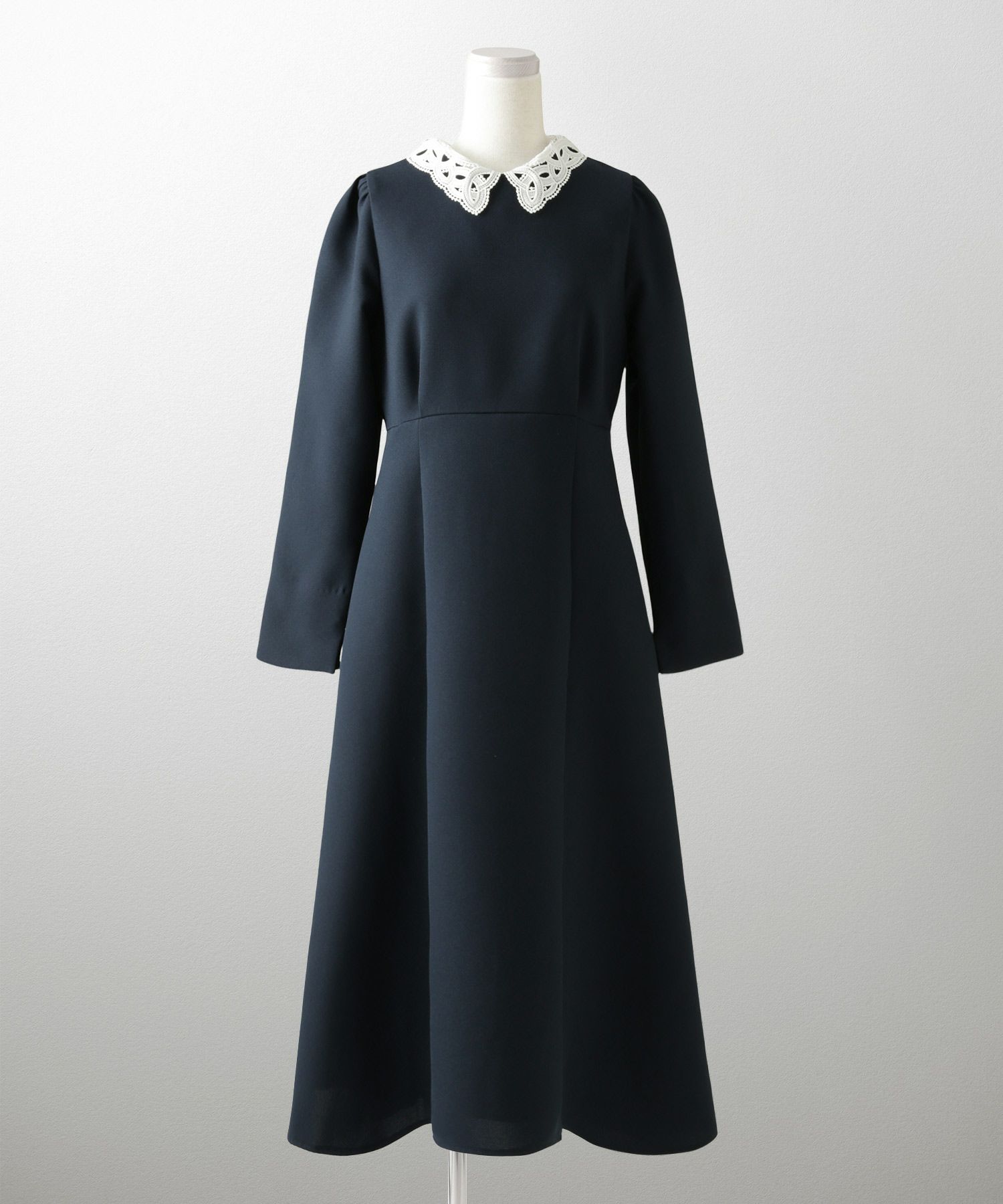 オケージョン対応 レース襟付き ワンピース 礼服 襟付き エレガント かわいい きれいめ 黒 長袖 S M ホワイト ネイビー ブラック