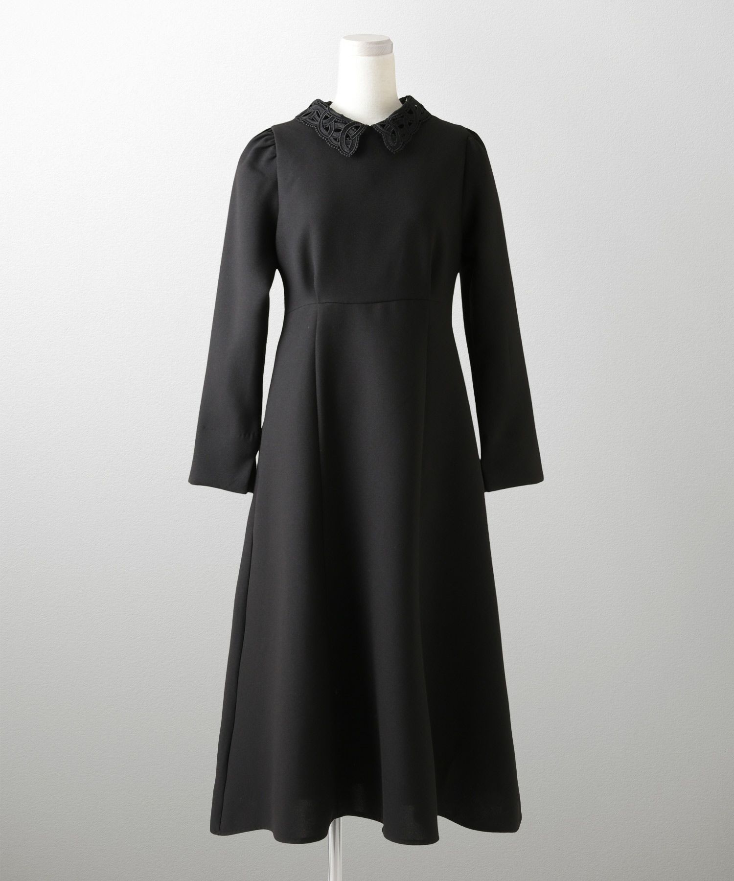 オケージョン対応 レース襟付き ワンピース 礼服 襟付き エレガント かわいい きれいめ 黒 長袖 S M ホワイト ネイビー ブラック