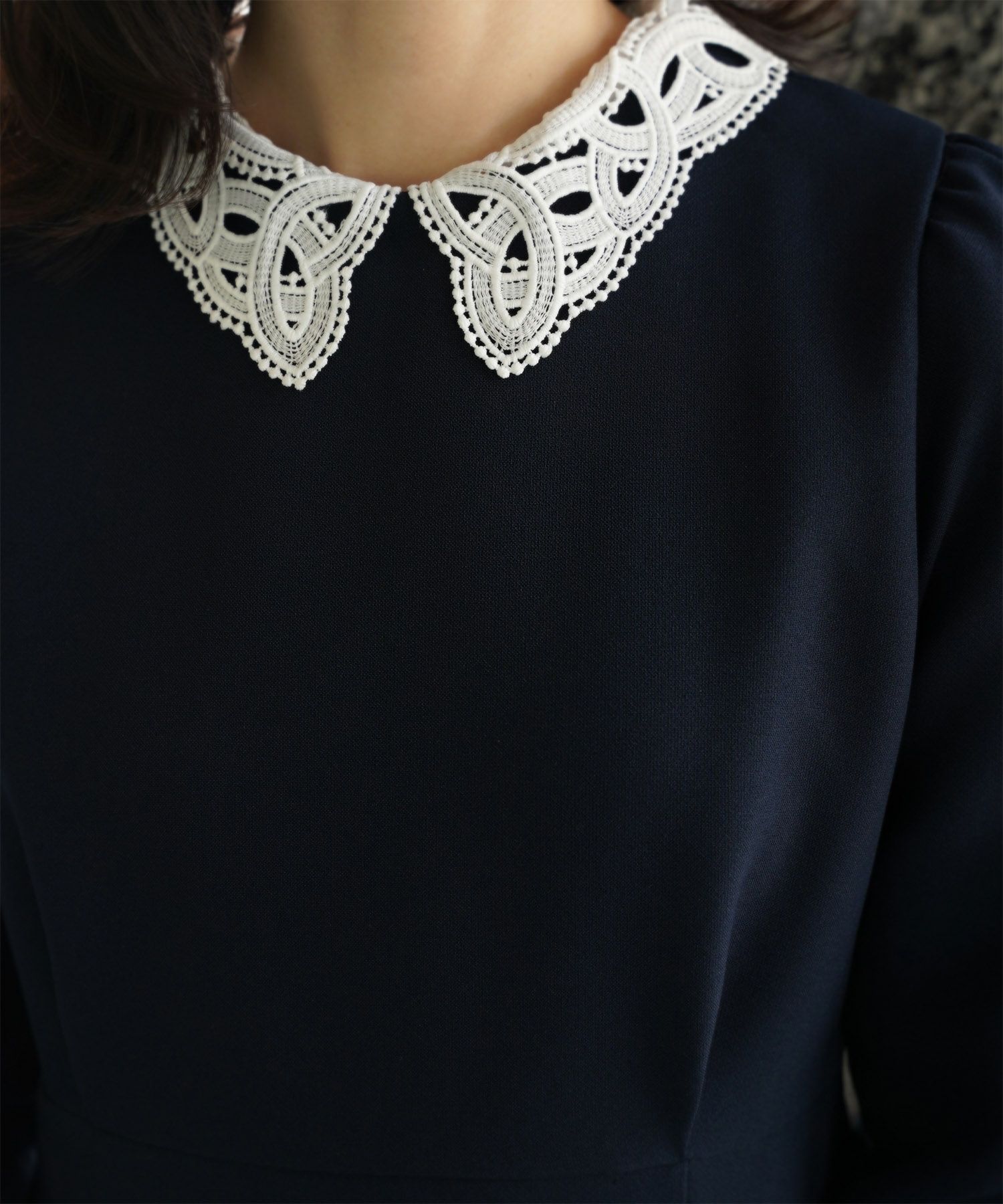 オケージョン対応 レース襟付き ワンピース 礼服 襟付き エレガント かわいい きれいめ 黒 長袖 S M ホワイト ネイビー ブラック