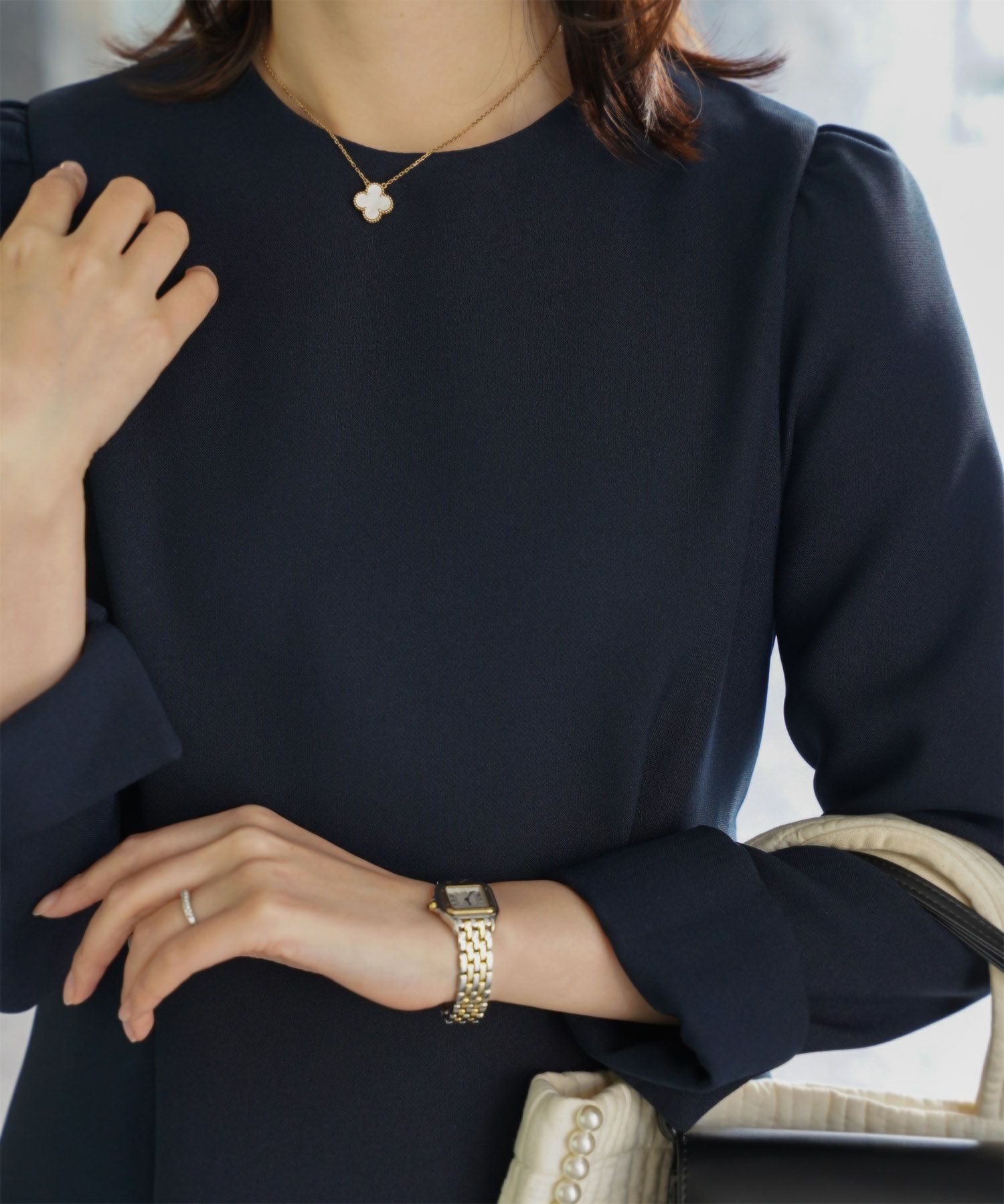 オケージョン対応 レース襟付き ワンピース 礼服 襟付き エレガント かわいい きれいめ 黒 長袖 S M ホワイト ネイビー ブラック