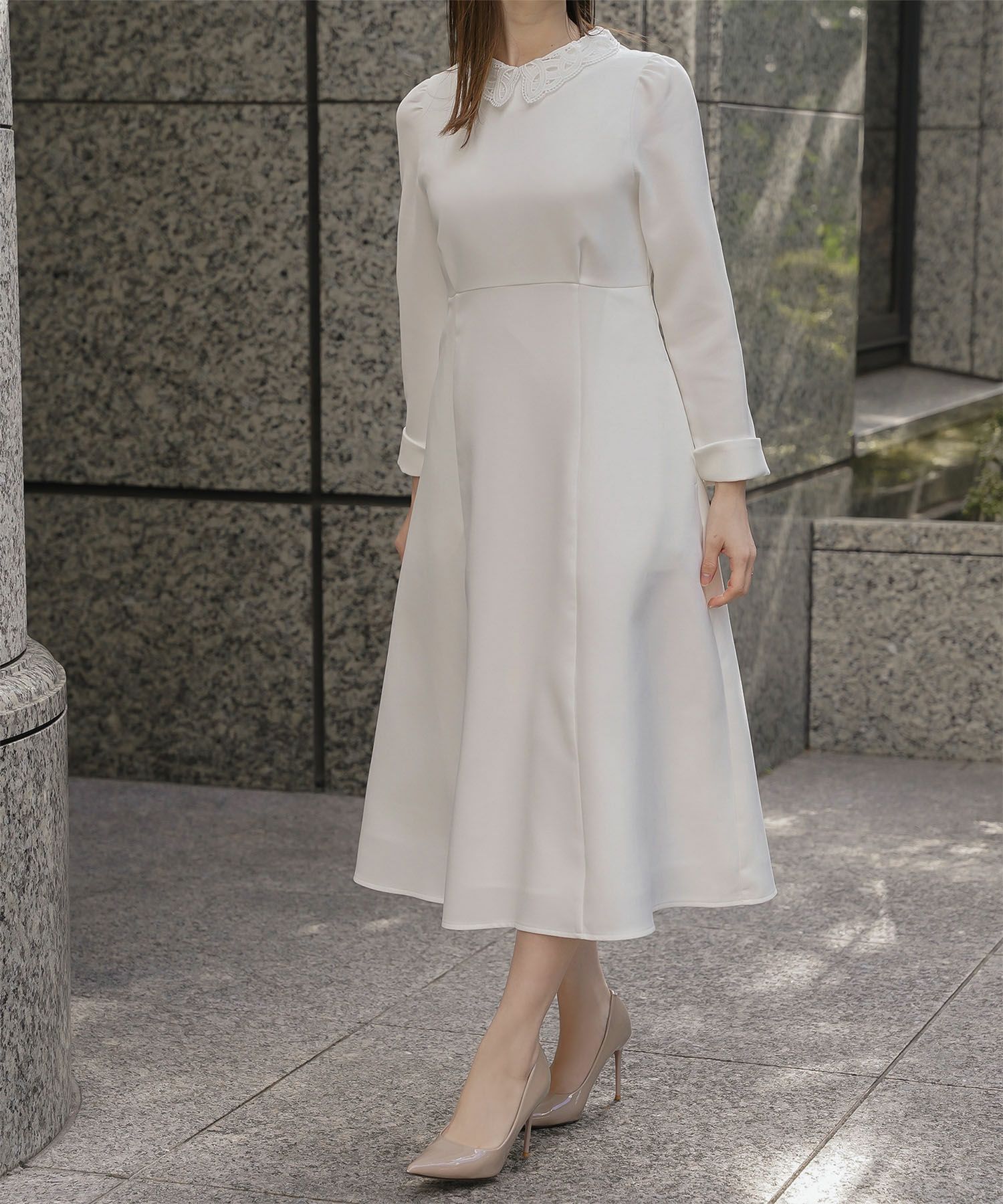 オケージョン対応 レース襟付き ワンピース 礼服 襟付き エレガント かわいい きれいめ 黒 長袖 S M ホワイト ネイビー ブラック