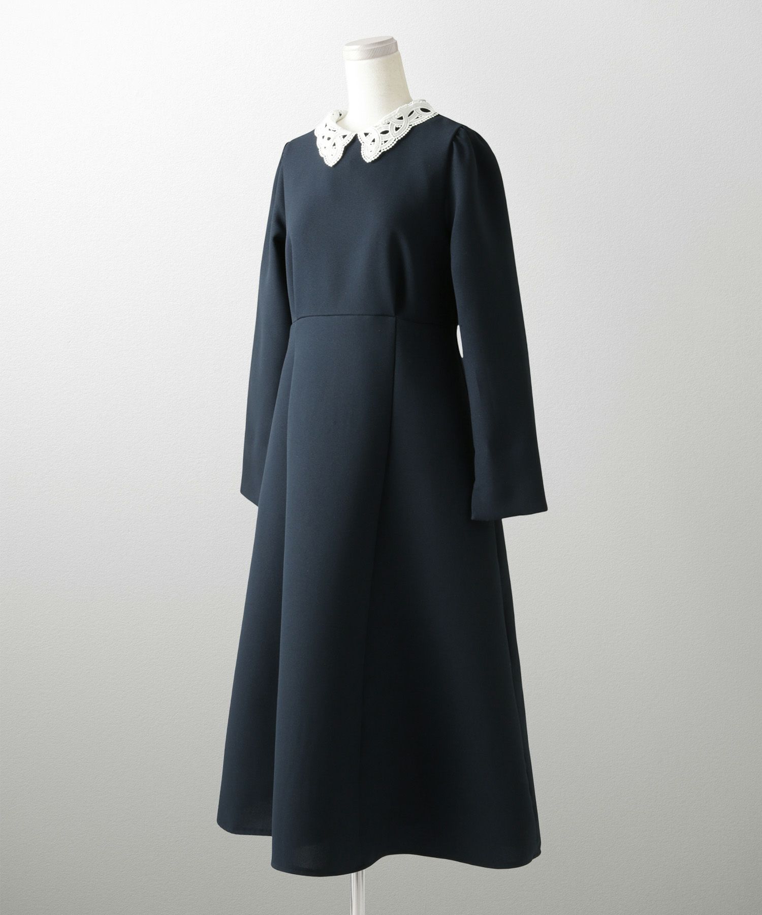 オケージョン対応 レース襟付き ワンピース 礼服 襟付き エレガント かわいい きれいめ 黒 長袖 S M ホワイト ネイビー ブラック