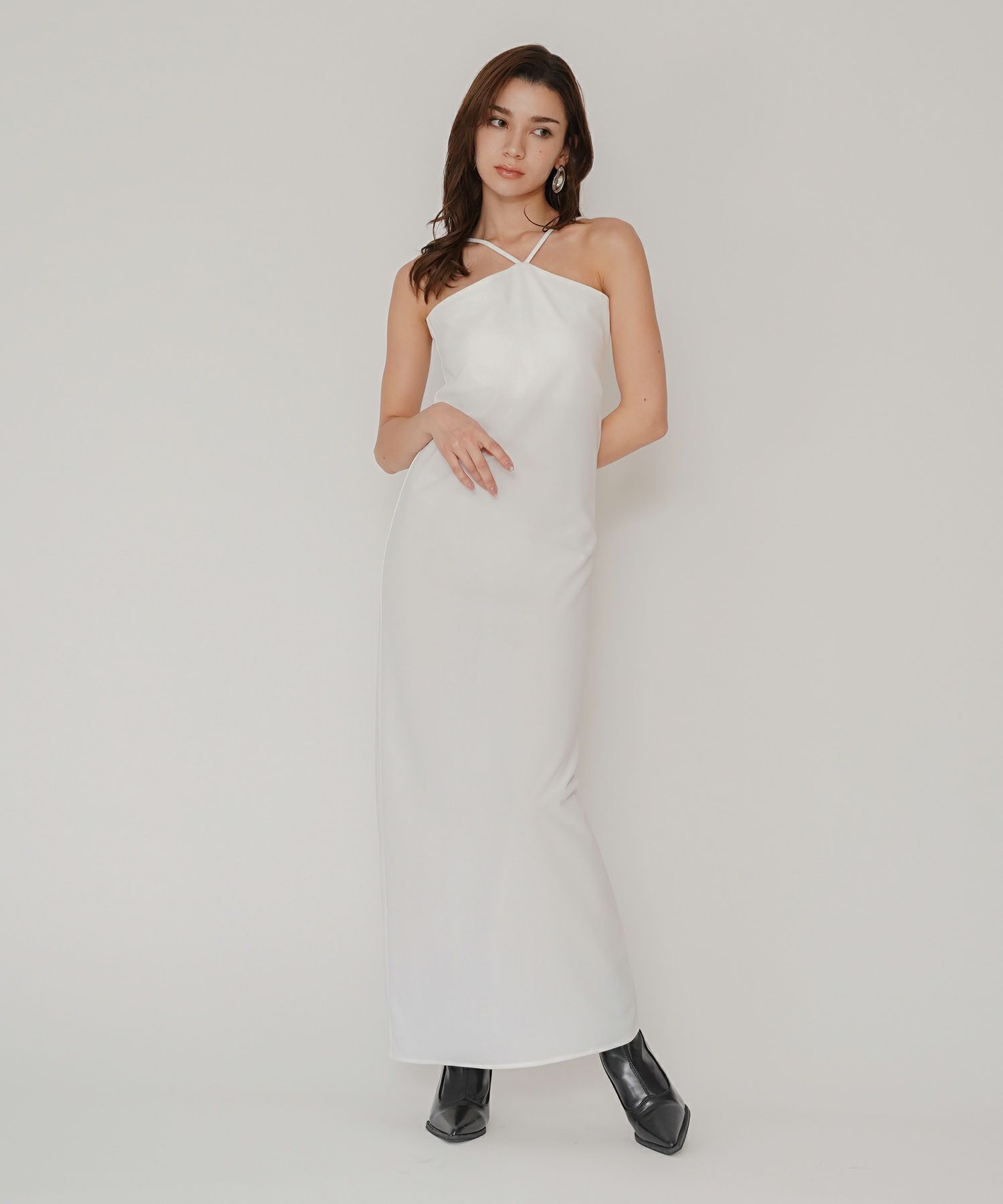 タイトワンピ アメスリ ホルターネック ルームウェア ラウンジウェア バックオープンモテワンピ お家デート デートコーデ ディナー クリスマス 美シルエット ドレス カットソー あざと可愛い 羽織 韓国風 綺麗め 細見え カジュアル KINO THE KEI