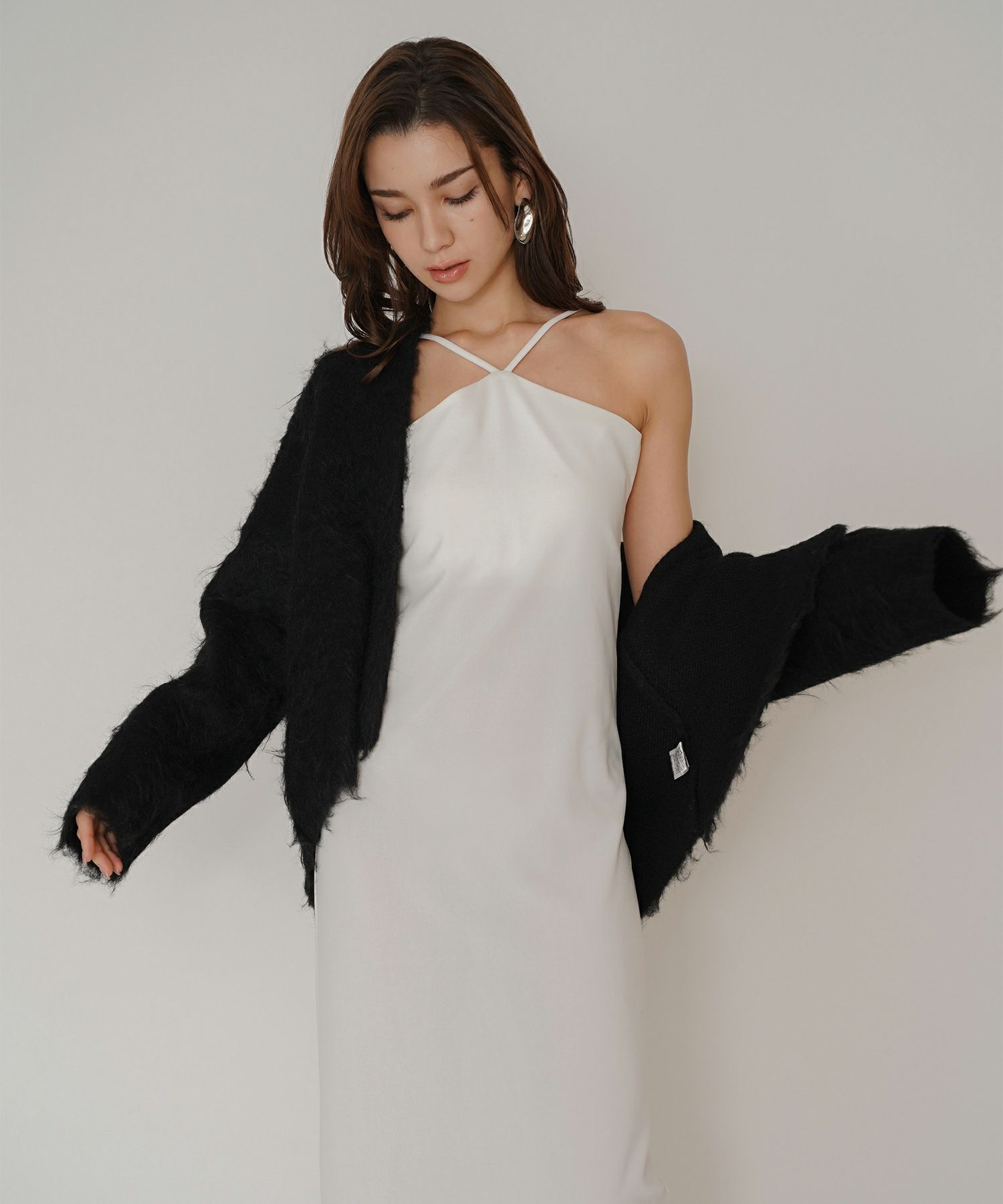 タイトワンピ アメスリ ホルターネック ルームウェア ラウンジウェア バックオープンモテワンピ お家デート デートコーデ ディナー クリスマス 美シルエット ドレス カットソー あざと可愛い 羽織 韓国風 綺麗め 細見え カジュアル KINO THE KEI