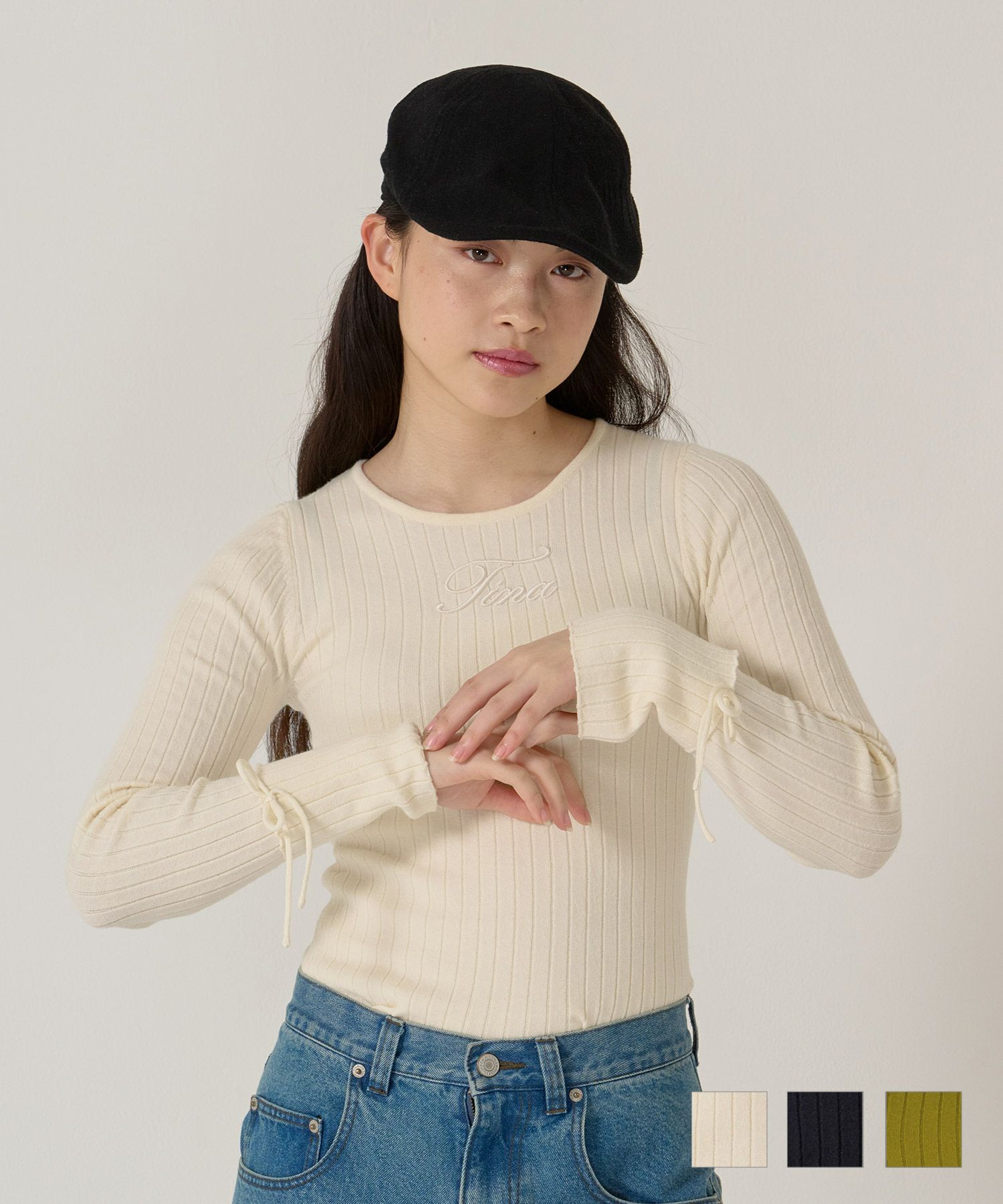 刺繍入り/リブ/ニット/リボン