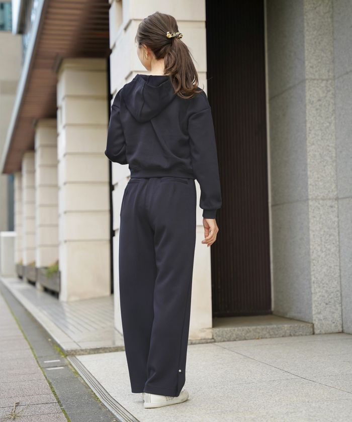 ボトムス パンツ ダンボールニット 伸縮 リラックス ストレートパンツ ワイドパンツ ポケット ピンク ネイビー カジュアル 上品 エレガント フェミニン スポーツ 運動会