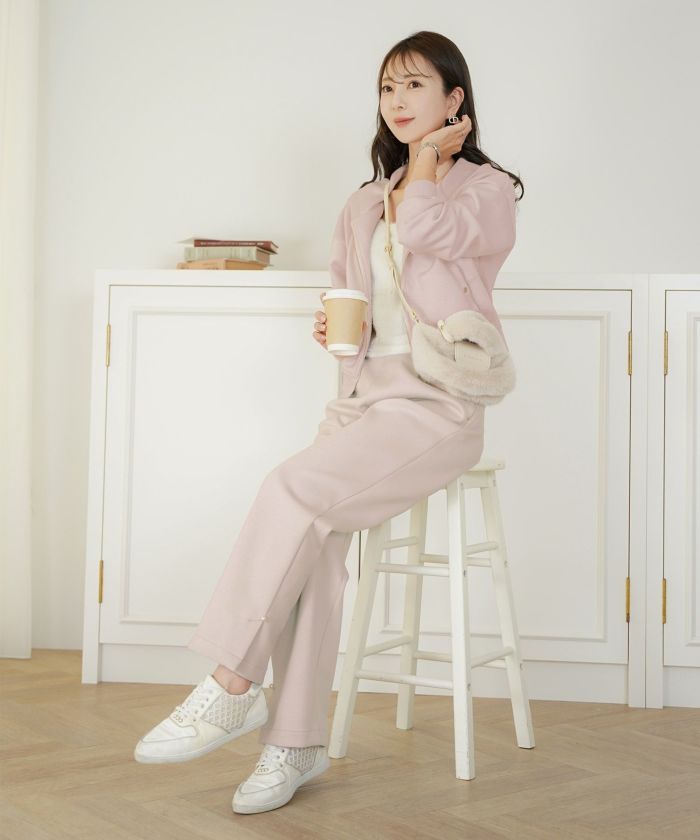 ボトムス パンツ ダンボールニット 伸縮 リラックス ストレートパンツ ワイドパンツ ポケット ピンク ネイビー カジュアル 上品 エレガント フェミニン スポーツ 運動会