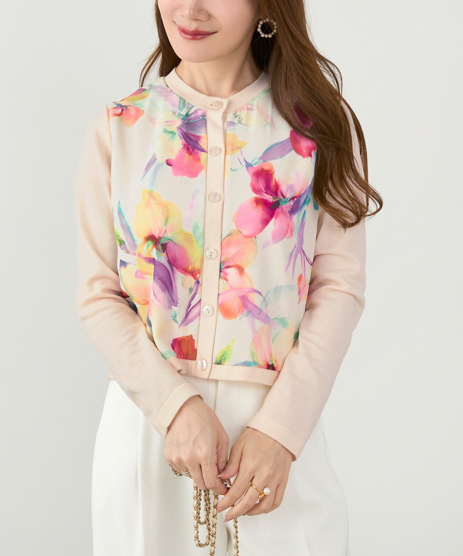 イタリープリント 丸首 ニット カーディガン Liala×PG 全2色｜lpg441