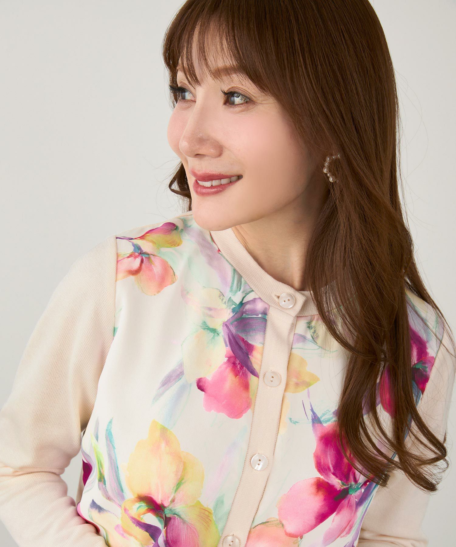 イタリープリント 丸首 ニット カーディガン Liala×PG 全2色｜lpg441