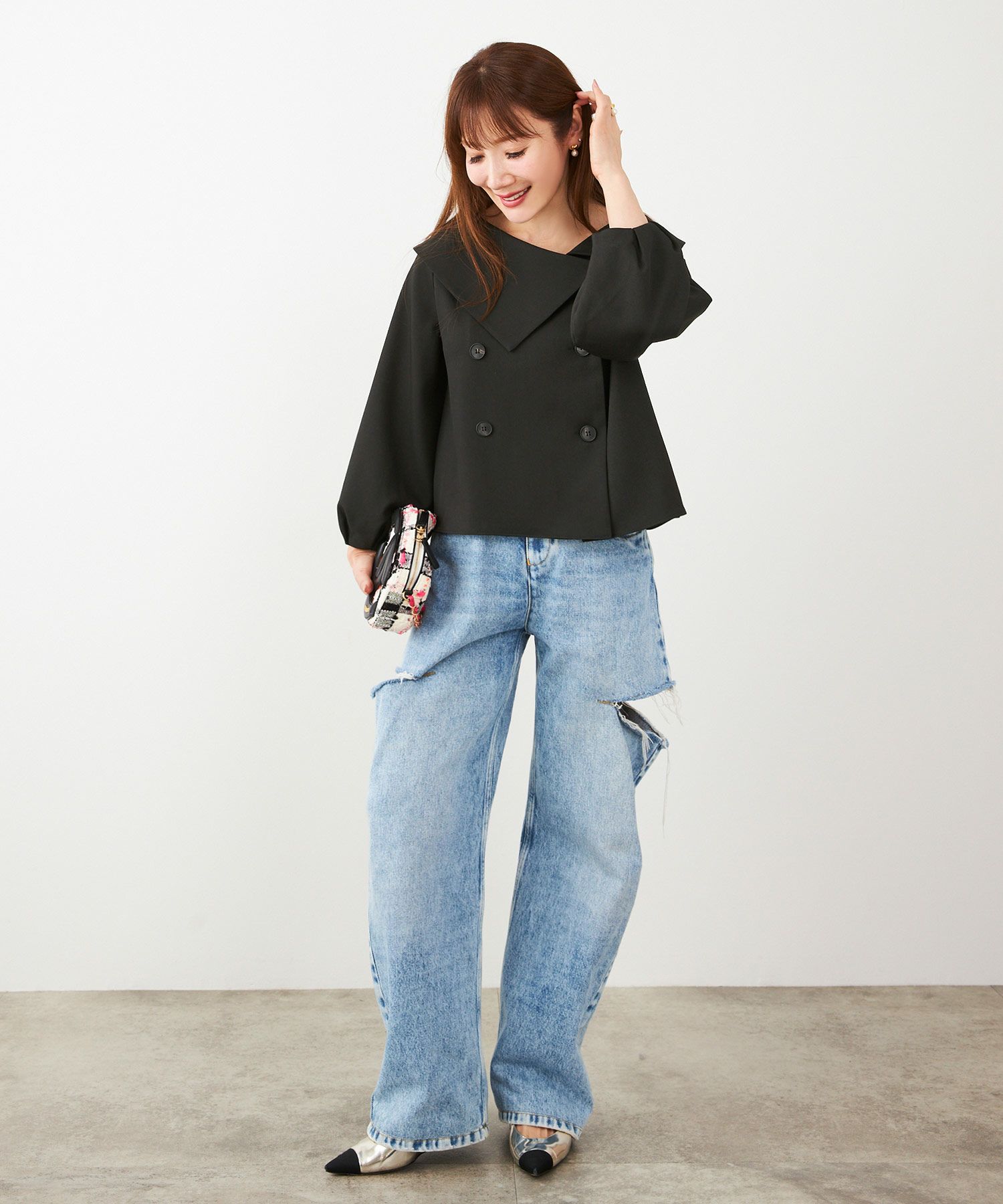 手洗い可 大人可愛い 上品 きれいめ オフィス 大人カジュアル フェミニン 白黒 ジョイントスペース