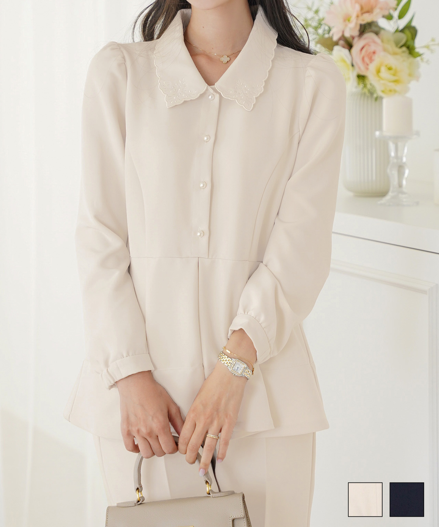 刺繍 襟付き タック ペプラム ブラウス le reve vaniller 全2色