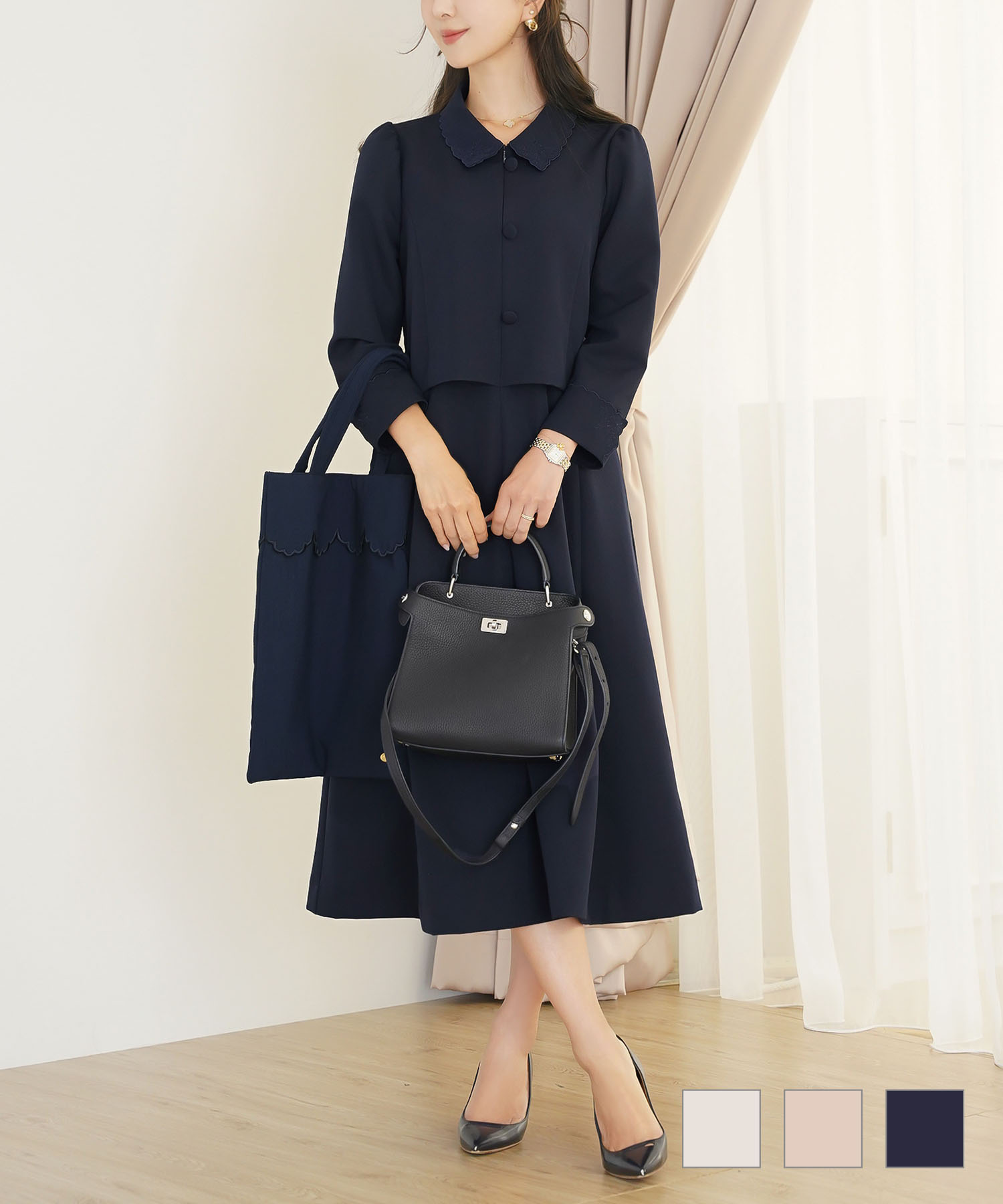 刺繍 襟付き フロントファスナー ワンピース le reve vaniller 全3色｜lvn341-2175【1】