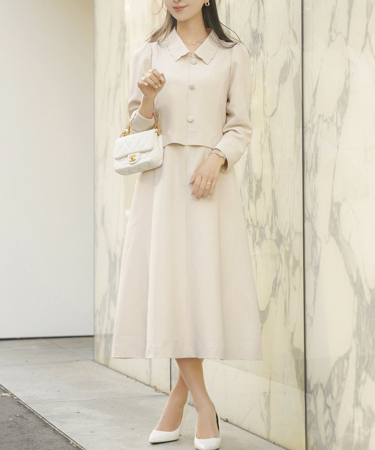 3/中旬～下旬頃発送予定！刺繍 襟付き フロントファスナー ワンピース