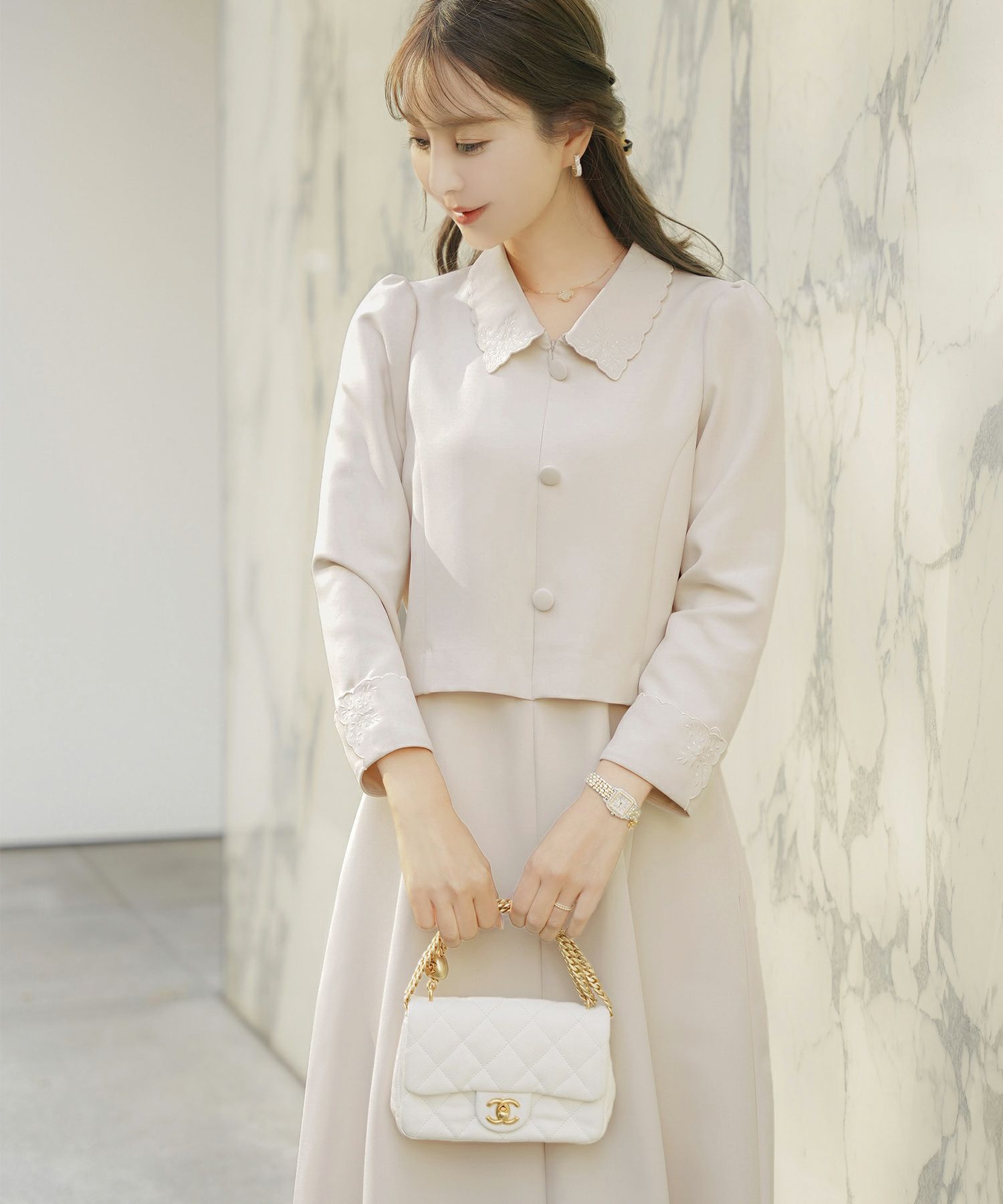 ワンピース 入園式 入学式 卒園式 卒業式 セレモニー ママフォーマル ジャケット見え きれいめ 上品 体型カバー 前ファスナー 授乳可 刺繍 くるみボタン