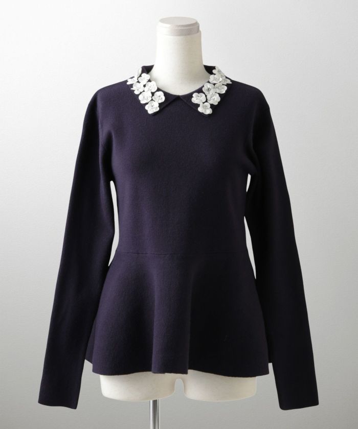 フラワーモチーフ 襟付き ニット トップス レディース フラワー サテン ビジュー 上品 ペプラム フレア アンゴラタッチ きれいめ 洗える アイボリー/ネイビーミックス/ブラックミックス M